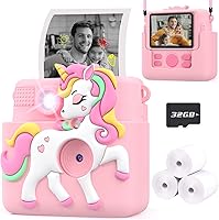 Careenoah Kids Instant Print Camera Pink - 1080P Digital Toy with Silicone Horse Cover, 32GB SD Card for Girls 4-12 Birthday Gifts