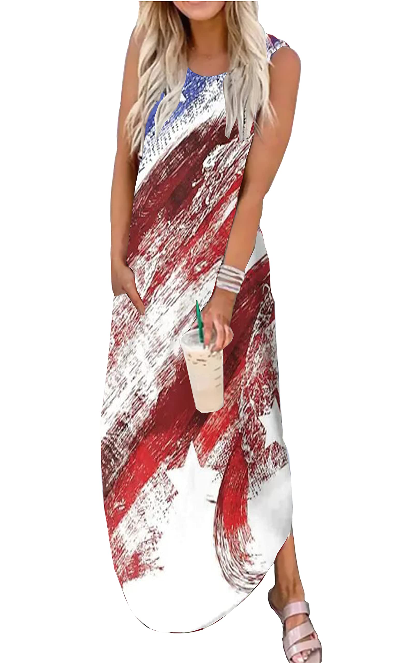 LLHXRUI American Flag Maxi Dress for Women 4th of July Patriotic Long Tank Dress Casual Loose Pocket Dresses