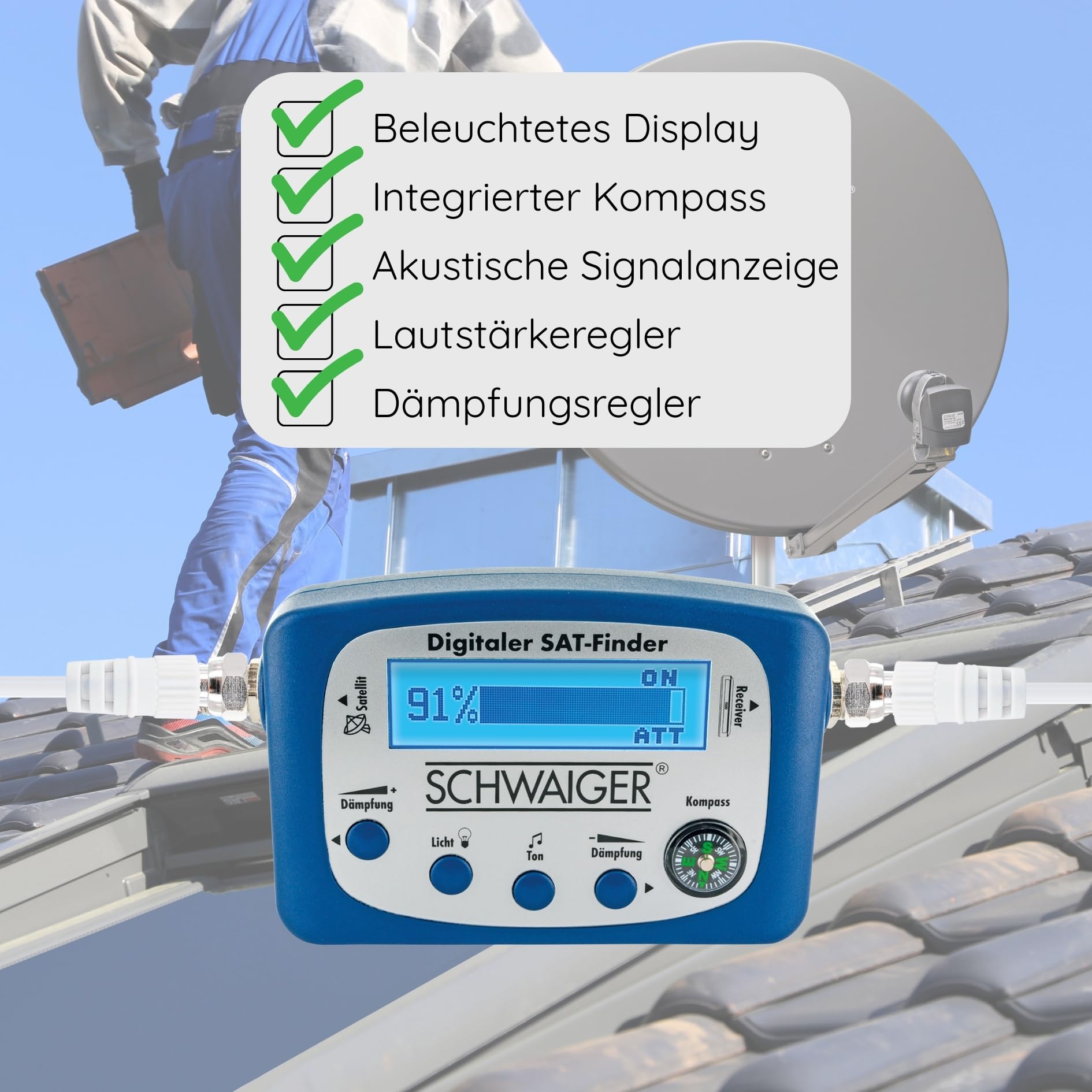 SCHWAIGER 5170 SAT-Finder localizzatore Digitale di satelliti Bussola Integrata allineamento LNB Meter Posizionamento ottimale Parabola satellitare con Uscita Audio