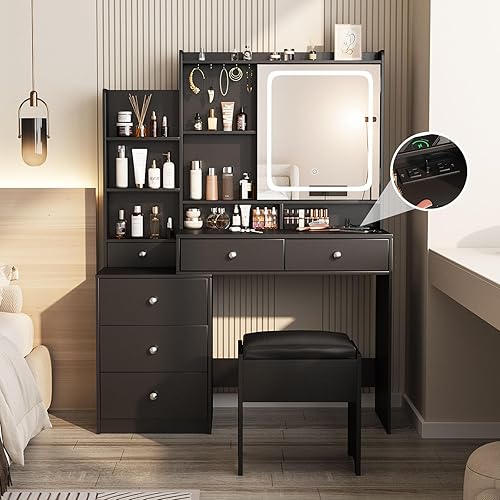 Vabches Escritorio de tocador con espejo y luces, estantes de maquillaje con 6 cajones, toma de corriente para mesa de tocador, maquillaje iluminado