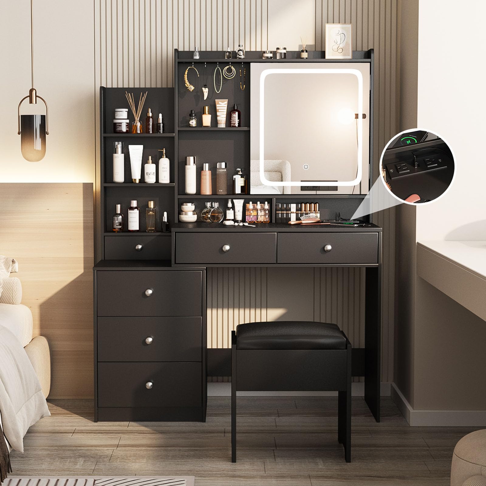 Assembled Vabches Vanity Makeup Desk in black with stool, showing drawers and shelves