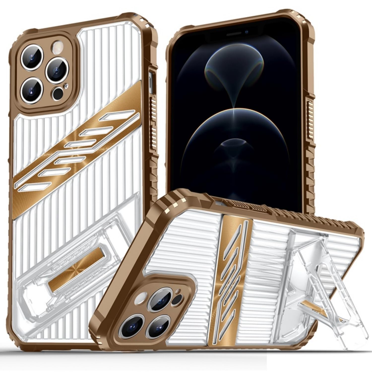 SORAKA Case for iPhone 12 Pro with Stand Transparent Hard PC and Flexible Non-Slip Textured TPU Dual Layer Shockproof Cover