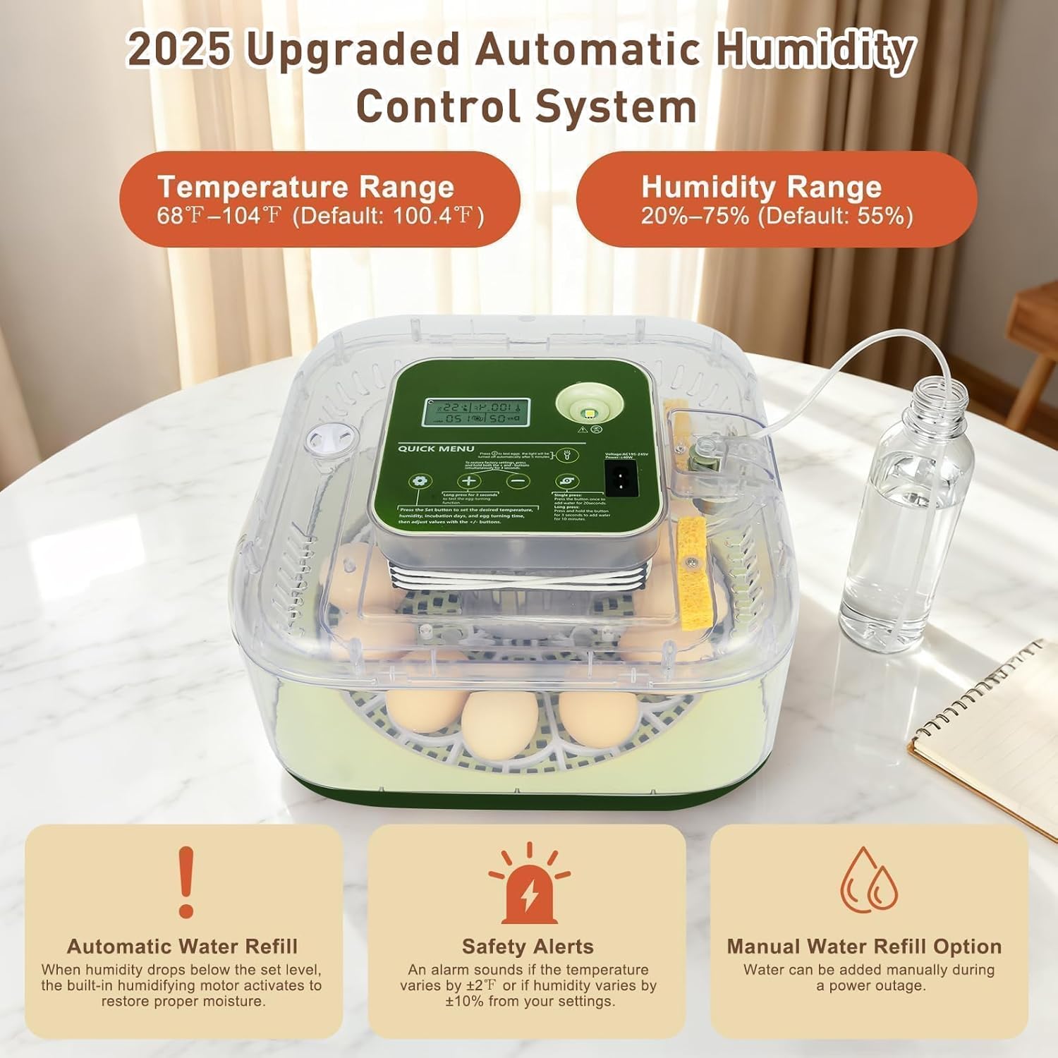 Series IV - 12 Egg Fully Automatic Incubator, Low Maintenance, Intelligent Sensor-Based Precise Humidity & Temp Control, Custom-Interval Auto Turn & Auto Stop, Preset Incubation Days, Candler, Alarms