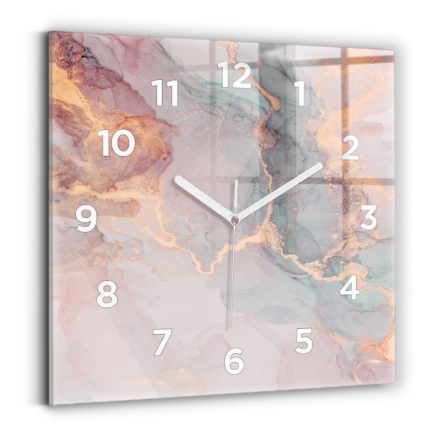 Horloge carrée silencieuse Wallfluent 30x30 pour un salon design effet marbre