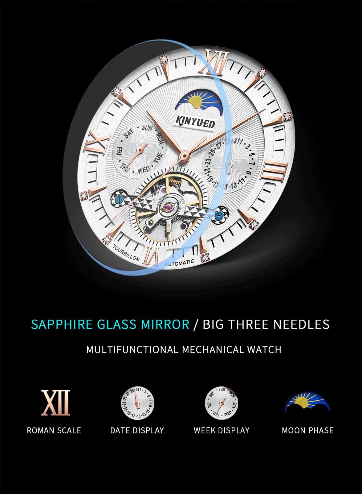 Orologio Meccanico Automatico Uomo Lusso Con Tourbillon E Fasi Lunari – Acciaio Inox Impermeabile, Calendario