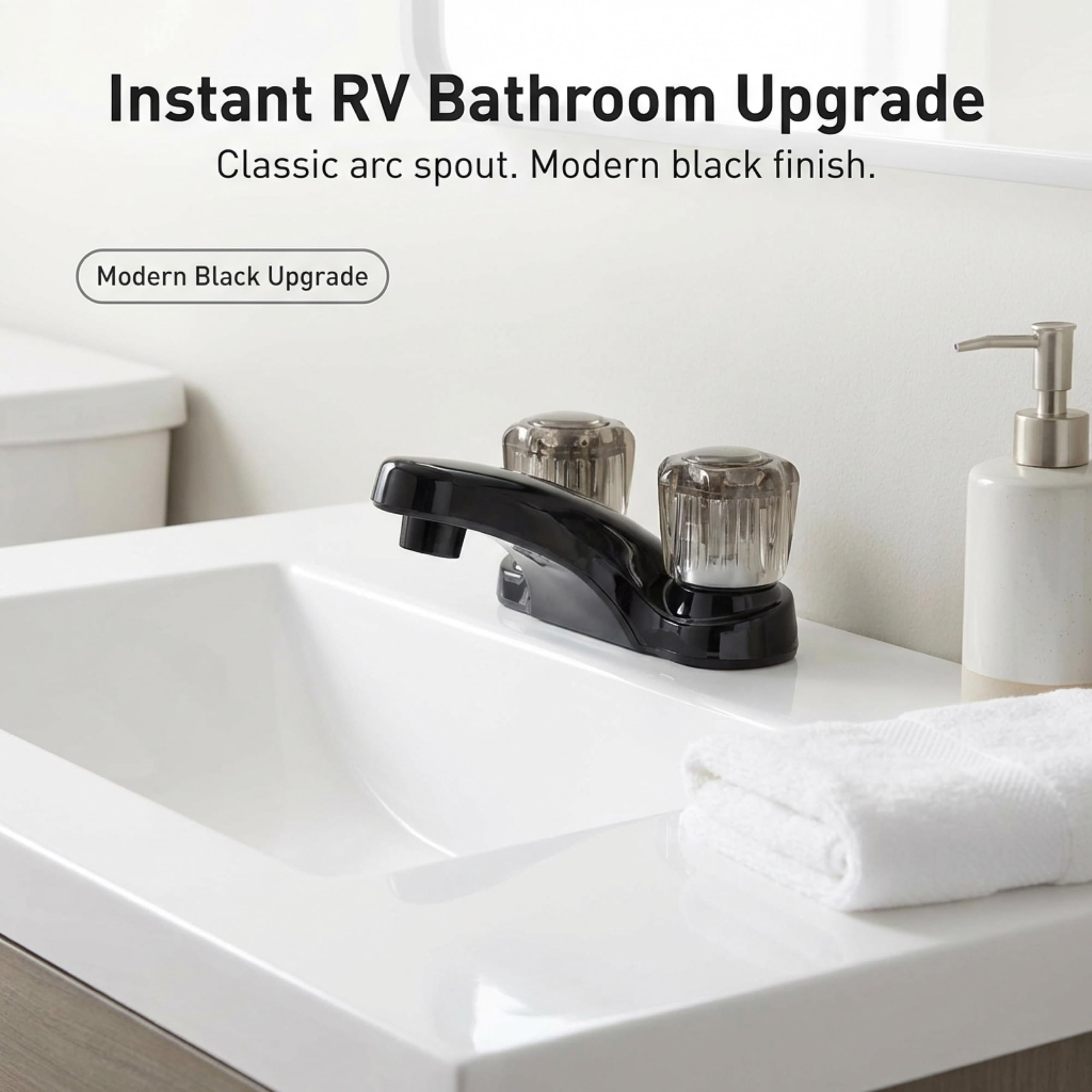Dura Faucet Grifo de lavabo RV con pomos acrílicos ahumados, color negro