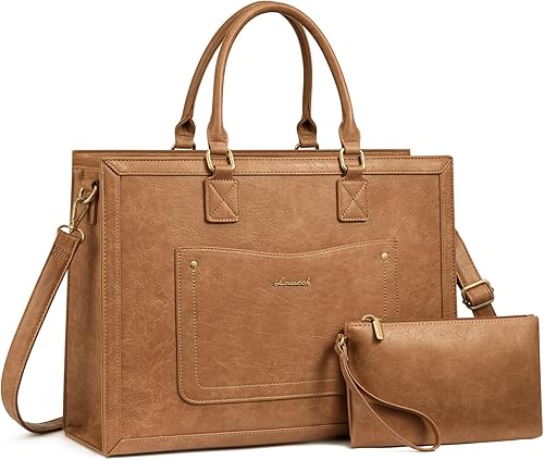 Miniatura 14 de LOVEVOOK Bolso de lona para laptop para mujeres, de 15.6 pulgadas, bolsos de trabajo, bolso de cuero vintage, bolsos de computadora impermeables con