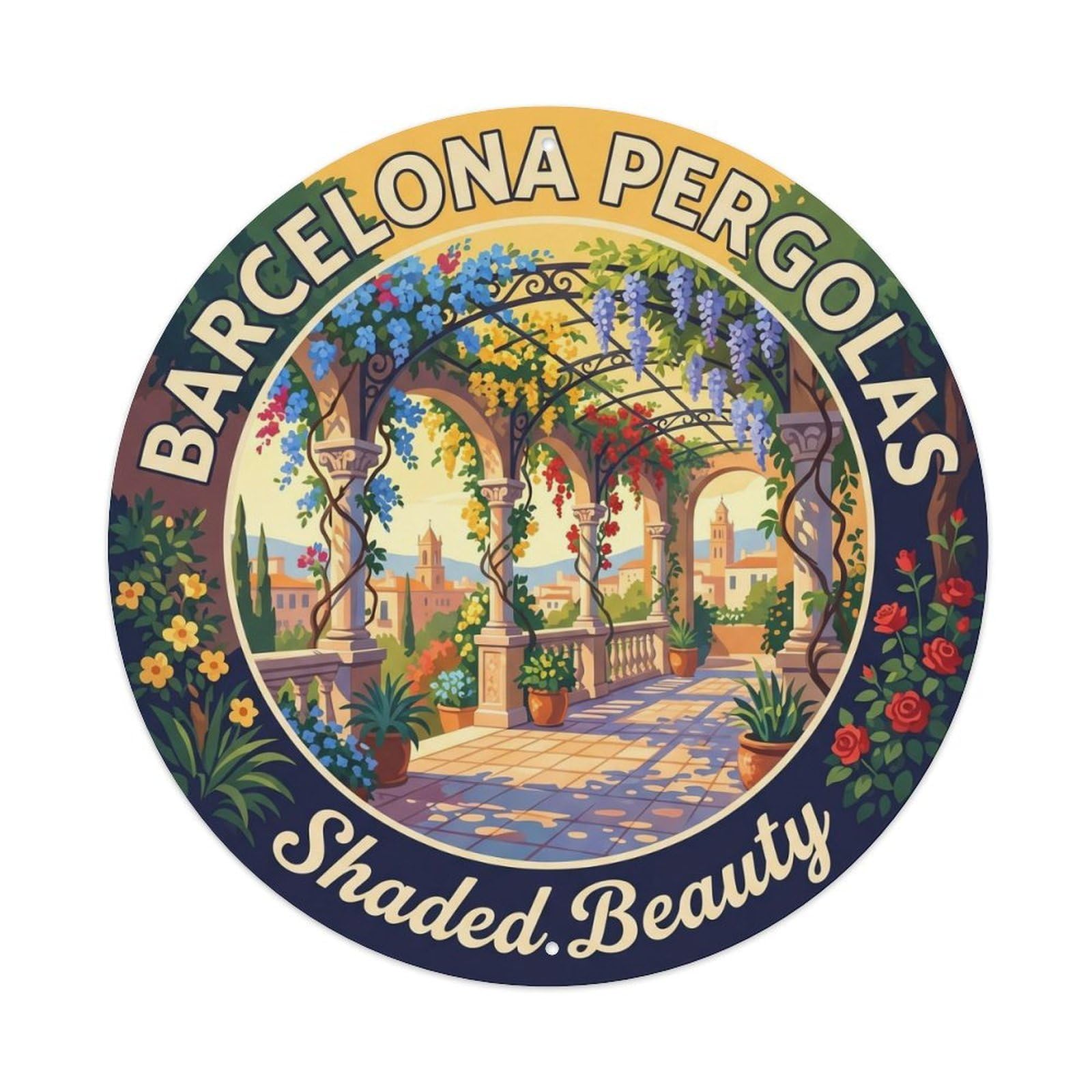 Barcelona Pergola Catalan Garden Vintage Travel Heritage Metal Tin Sign Plaque Wall Decor for Cafe, Man Cave, Club Bar, Office, Home Garden Round Metal Poster 8x8Inch