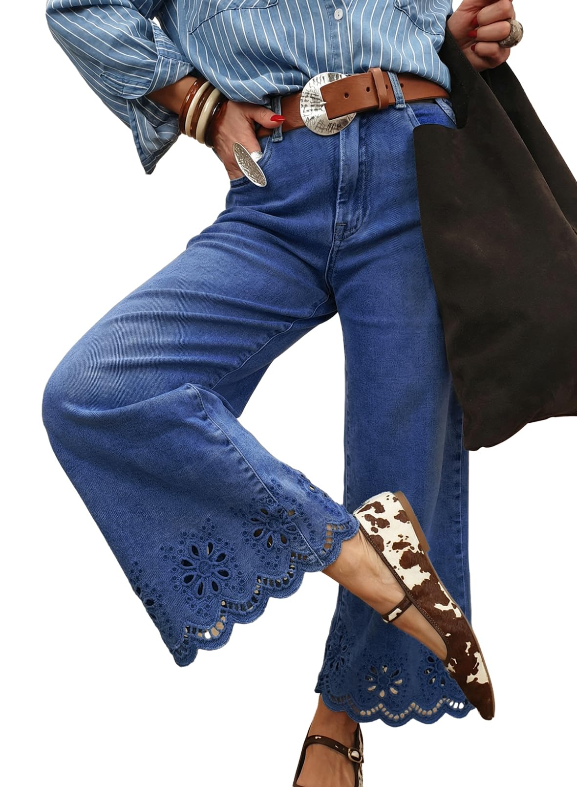 Sidefeel Wide Leg Embroidered Ankle Jeans