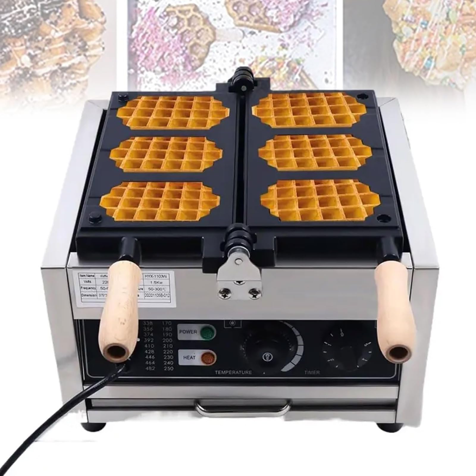 Máquina Comercial para Hacer gofres: gofrera eléctrica Tipo Panal con 3 Ranuras, 1500 W de Potencia, Control de Temperatura de 50 a 300 ℃ y Temporizador de 0 a 5 m,P