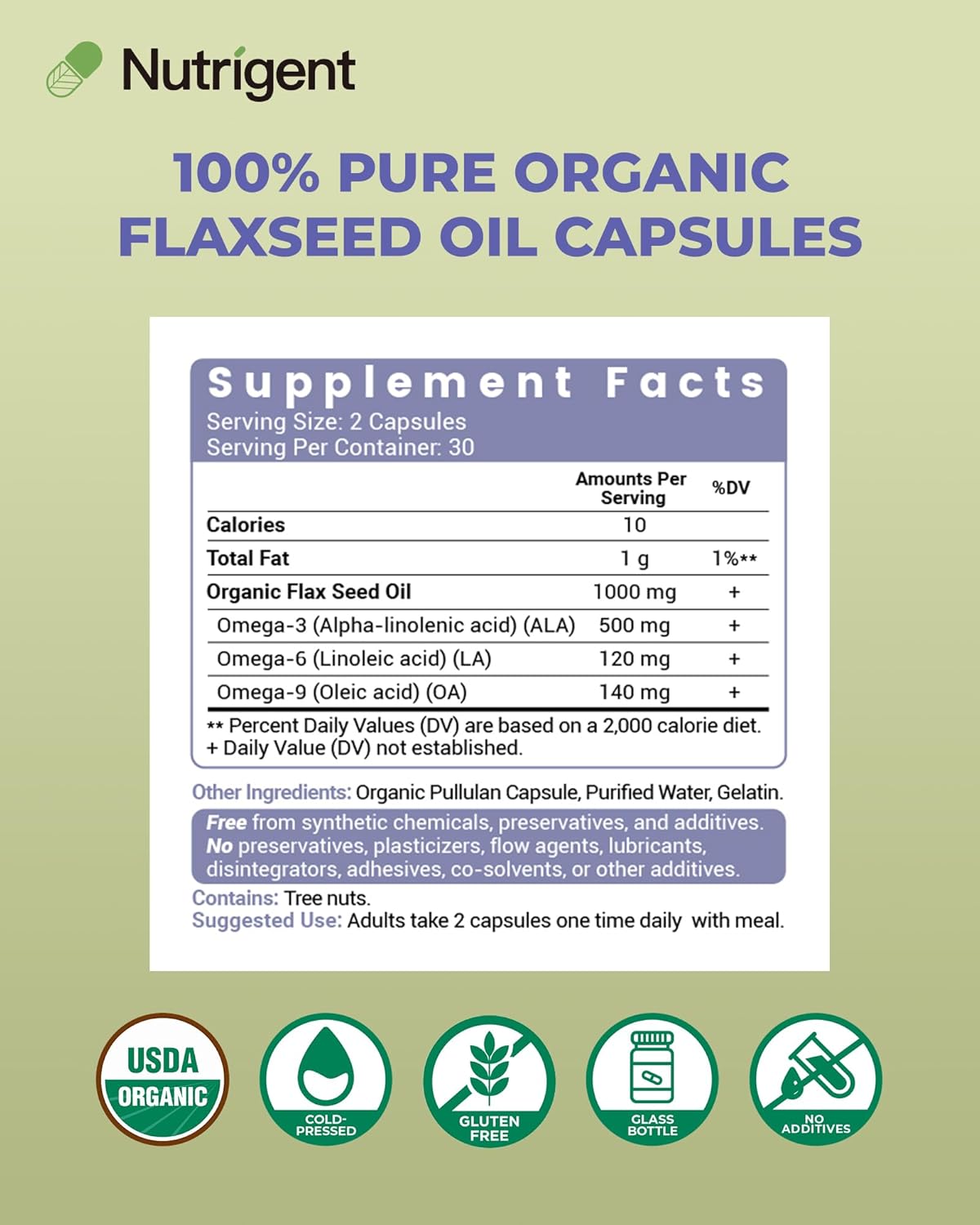 USDA Certified Organic Flaxseed Oil 1000 mg, Cold Pressed 100% Pure with Plant-Based Omega 3 ALA Essential Fatty Acids for Heart & Skin Health, 60 Capsules - Image 4