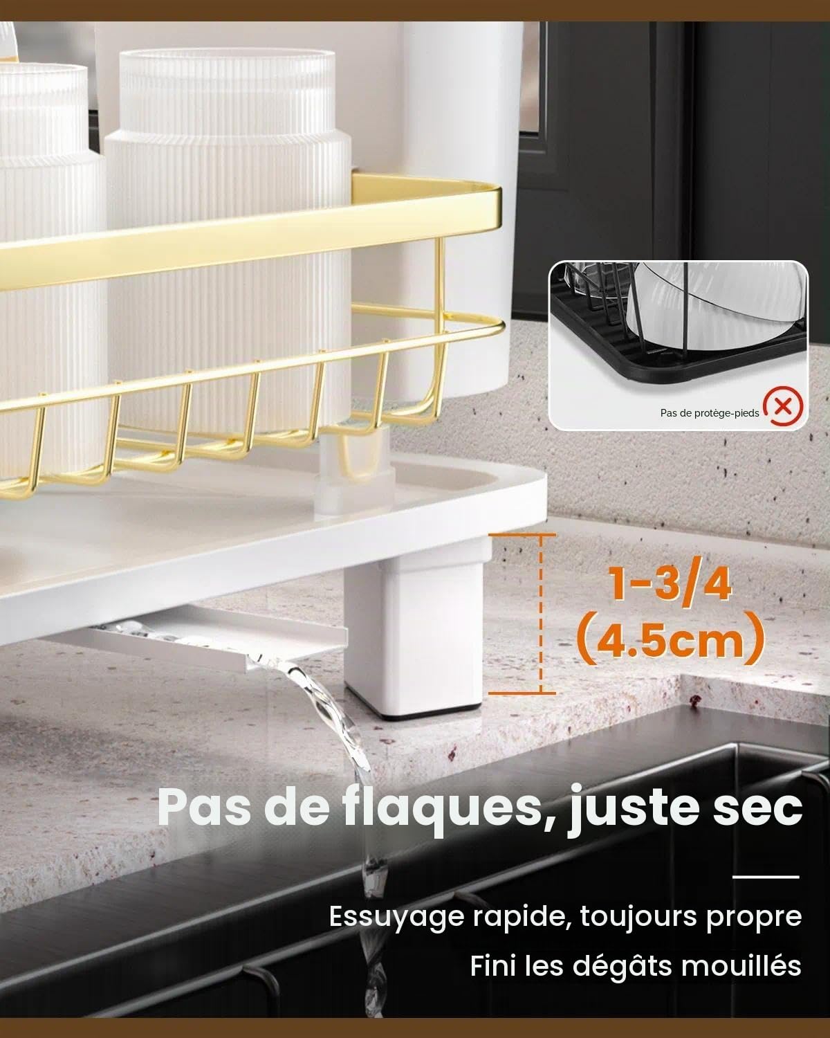 APPASO Égouttoir à vaisselle doré, antirouille avec porte-couverts et base auto-drainante, pieds antidérapants et assemblage facile – Égouttoir à ustensiles peu encombrant pour comptoir de cuisine