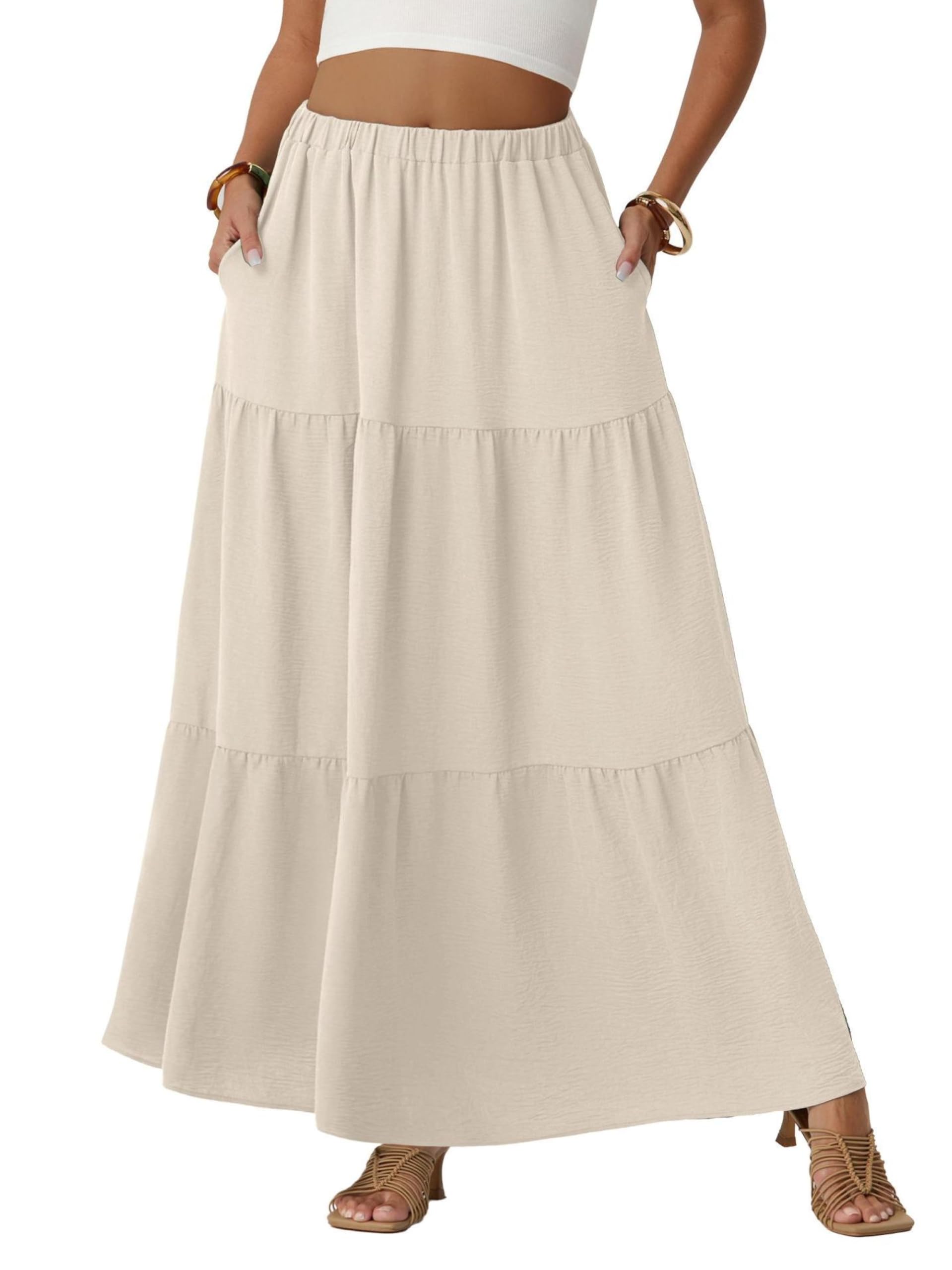 QIXING Damen Maxirock Sommer Boho Blumen Muster Hohe Taille Langer Fließender Rock mit Taschen Stufenrock Elastischer Taille