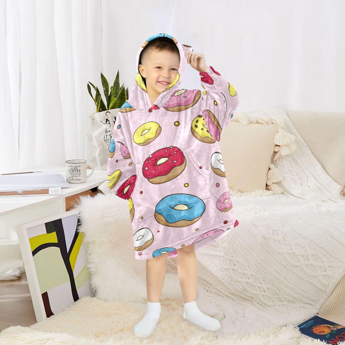 Kolorowe pączki dziecięcy koc do noszenia bluza z kapturem oversize bluza koc sweter różowy dla chłopców i dziewcząt w wieku 3-14 lat