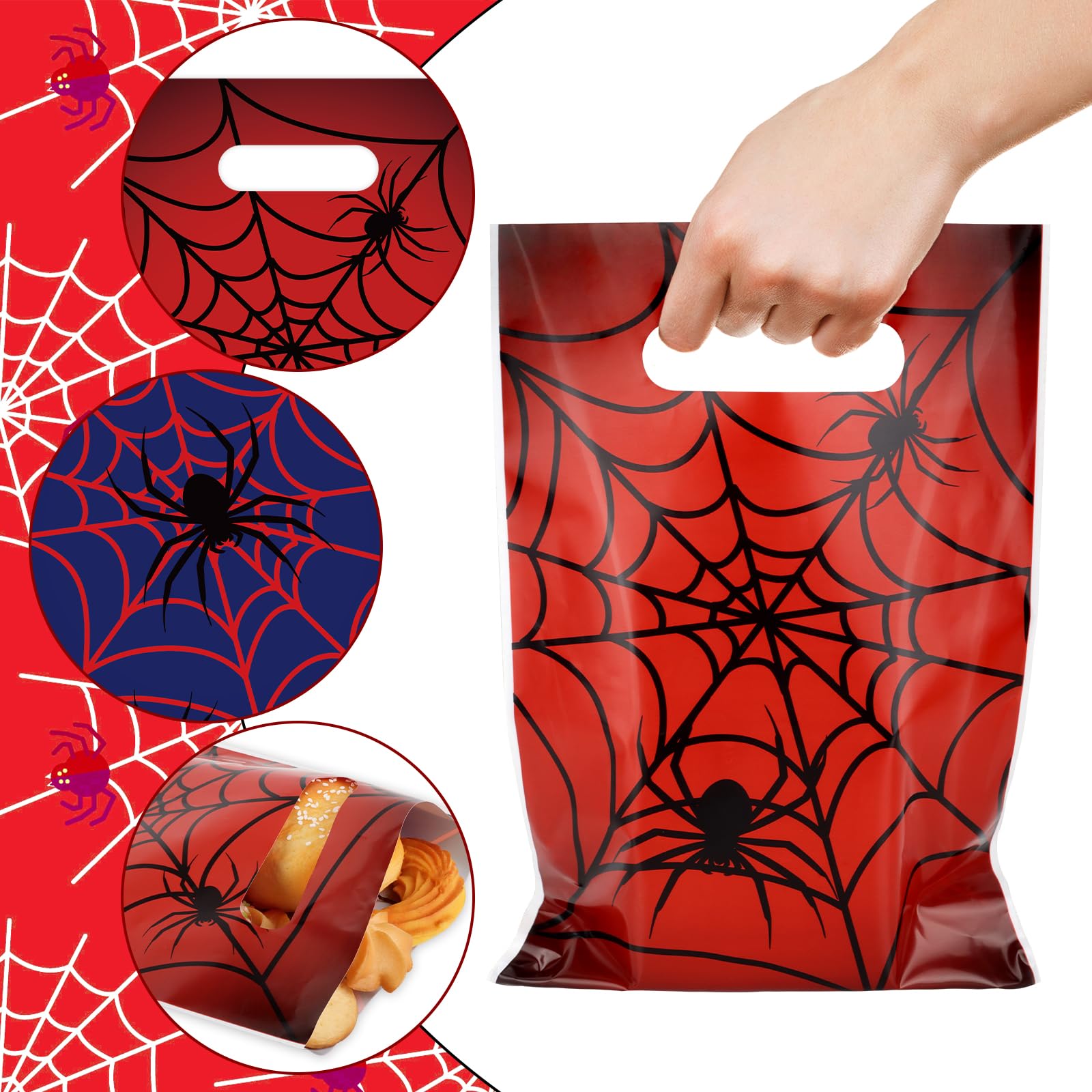 Hooqict 50PCS Spider Web Goodie Bags Party Favors Plastic Spider Gift Bags with Handle Snack Goody Treat Candy Bag for Kids Boys Cartoon Birthday Party Decorations Supplies
