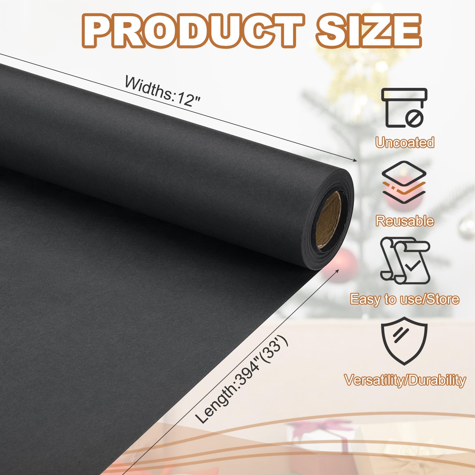 PATIKIL Wrapping Paper, 12" x 394"(33') 70 GSM Craft Paper Roll Kraft Packing Paper for Poster Bulletin Board Gift Wrapping, Black - Image 2