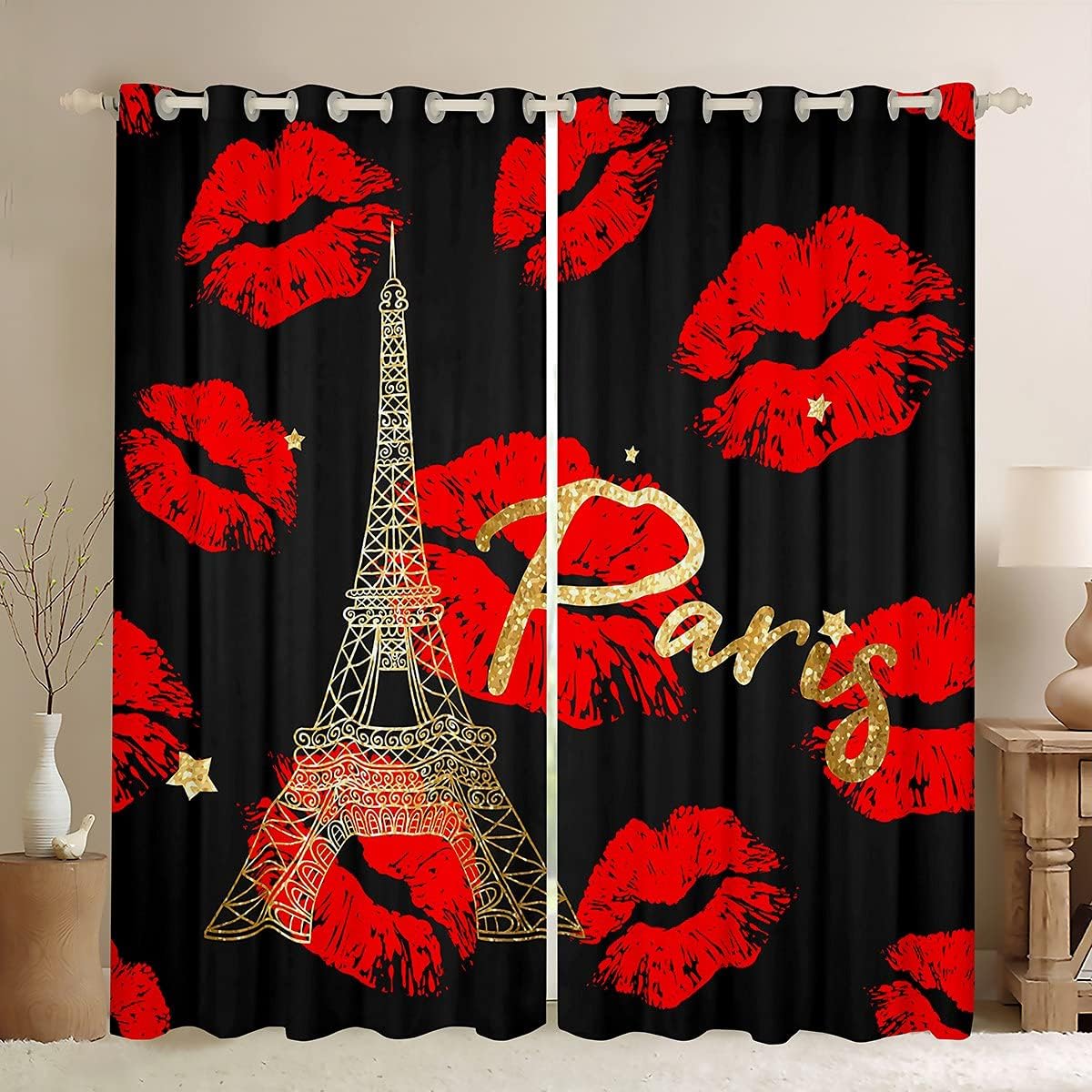 Manfei Paris Window Curtains Sexy Red Lips Kiss Marks Decor Window Drapes for Bedroom and Adults Eiffel Tower Window Treatment Grommet Top Microfiber Fabric 2 Panel Set Curtains, 84Wx84L inch