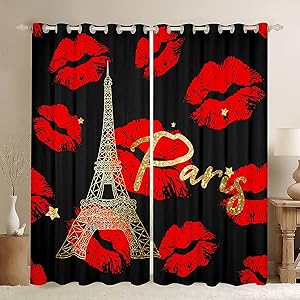 Manfei Paris Window Curtains Sexy Red Lips Kiss Marks Decor Window Drapes for Bedroom and Adults Eiffel Tower Window Treatment Grommet Top Microfiber Fabric 2 Panel Set Curtains, 84Wx84L inch