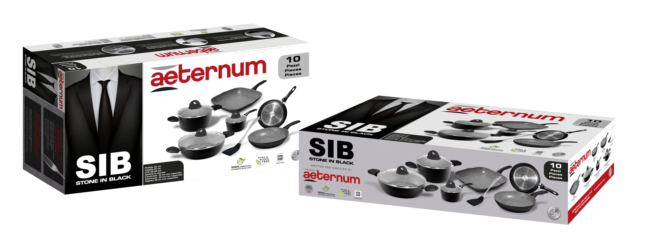 Stone in Black, Batteria Pentole e Coperchi, Set da 10 pezzi, Acciaio Antiaderente, 3 Padelle, 2 Casseruole, 1 Tegame, 3 Coperchi, 1 Spatola, Pentolame Adatto a Induzione, Nero