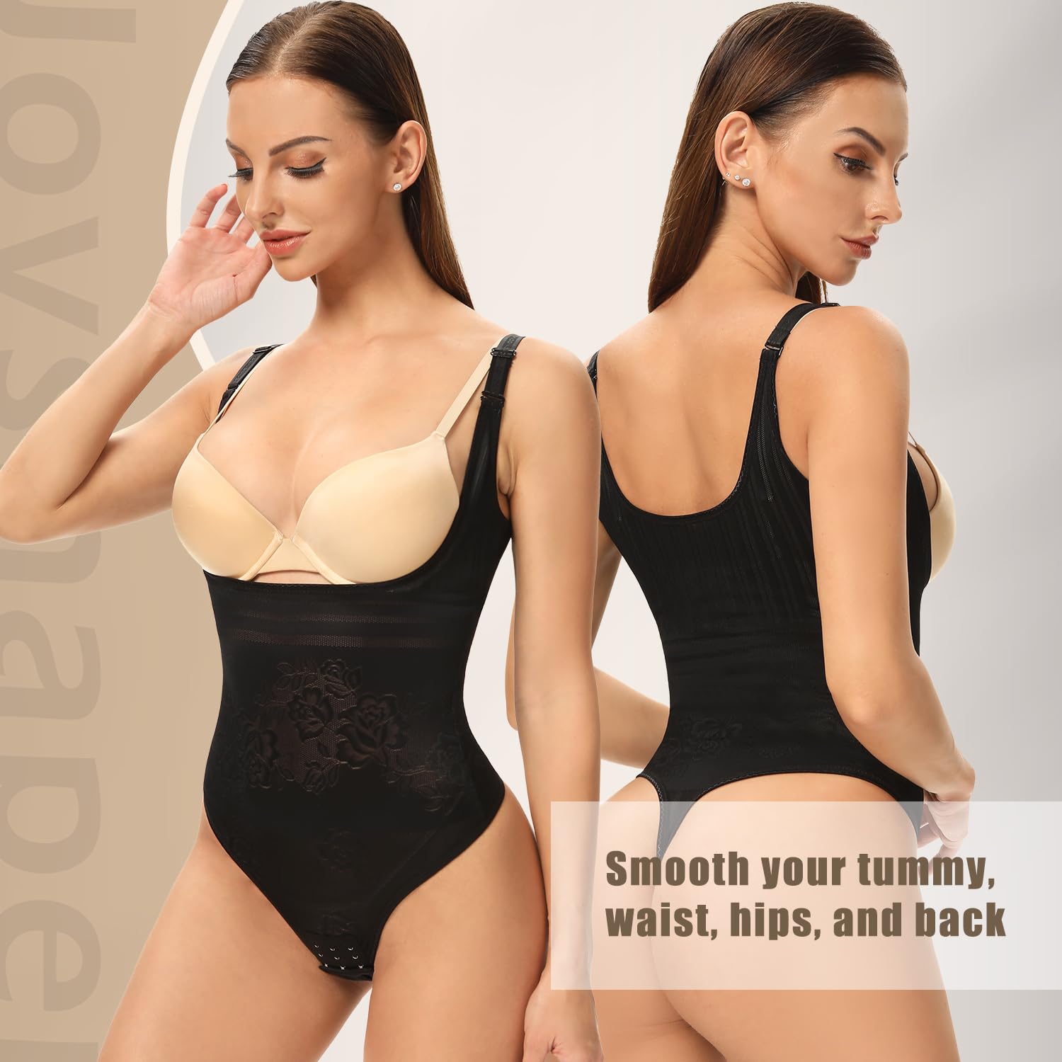 Joyshaper Body Damski Figurformujący Silnie Wyciągający Brzuch, Formujący Talię, Modelujący Bielizna z Haftkami Bodysuit, czarny, L