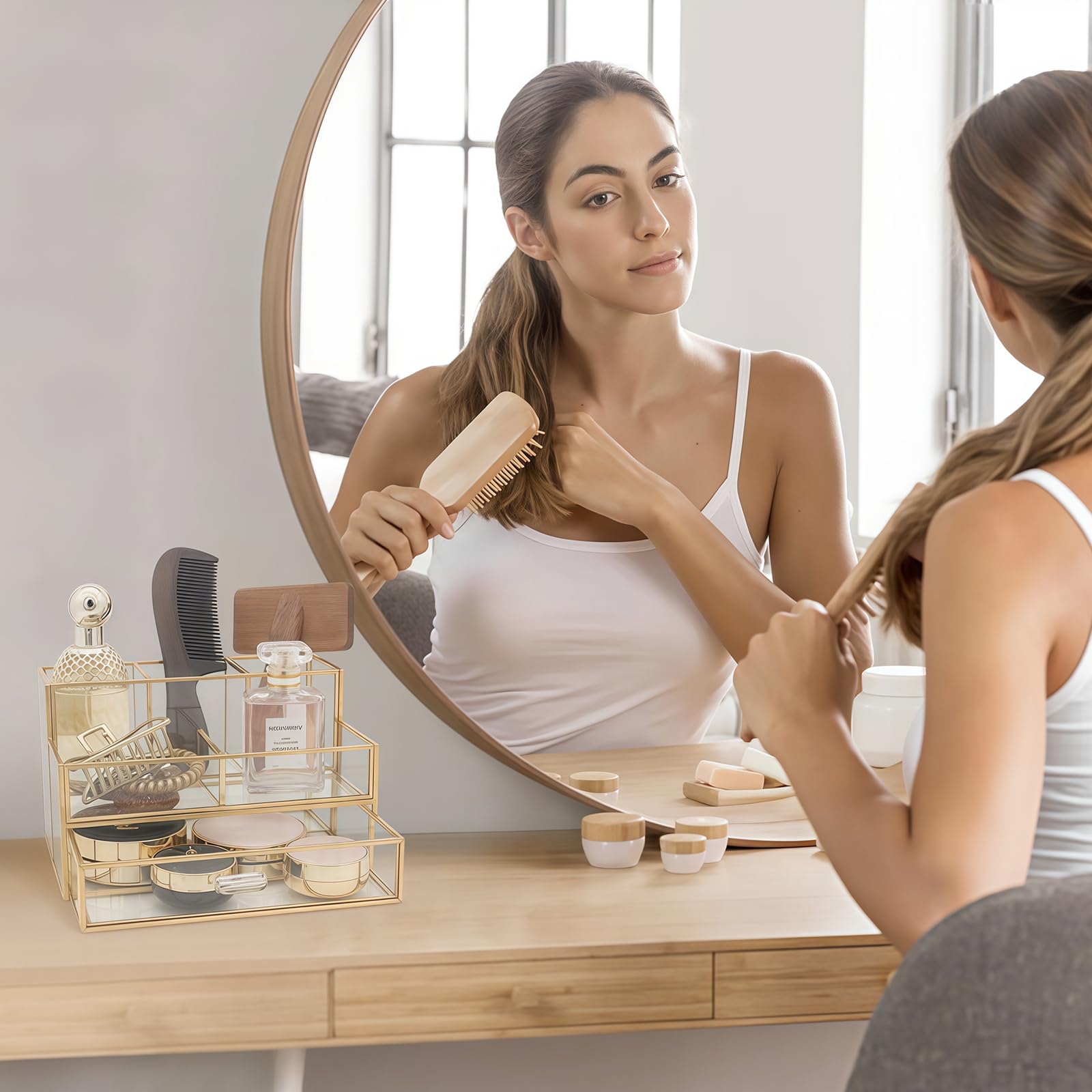 HARLIANGXY Organisateur Cosmétique avec Tiroirs, Rangement de Pinceaux de Maquillage, Makeup Organizer Box, Organisateur de Beauté pour Coiffeuse, Comptoirs de Salle de Bains, Doré
