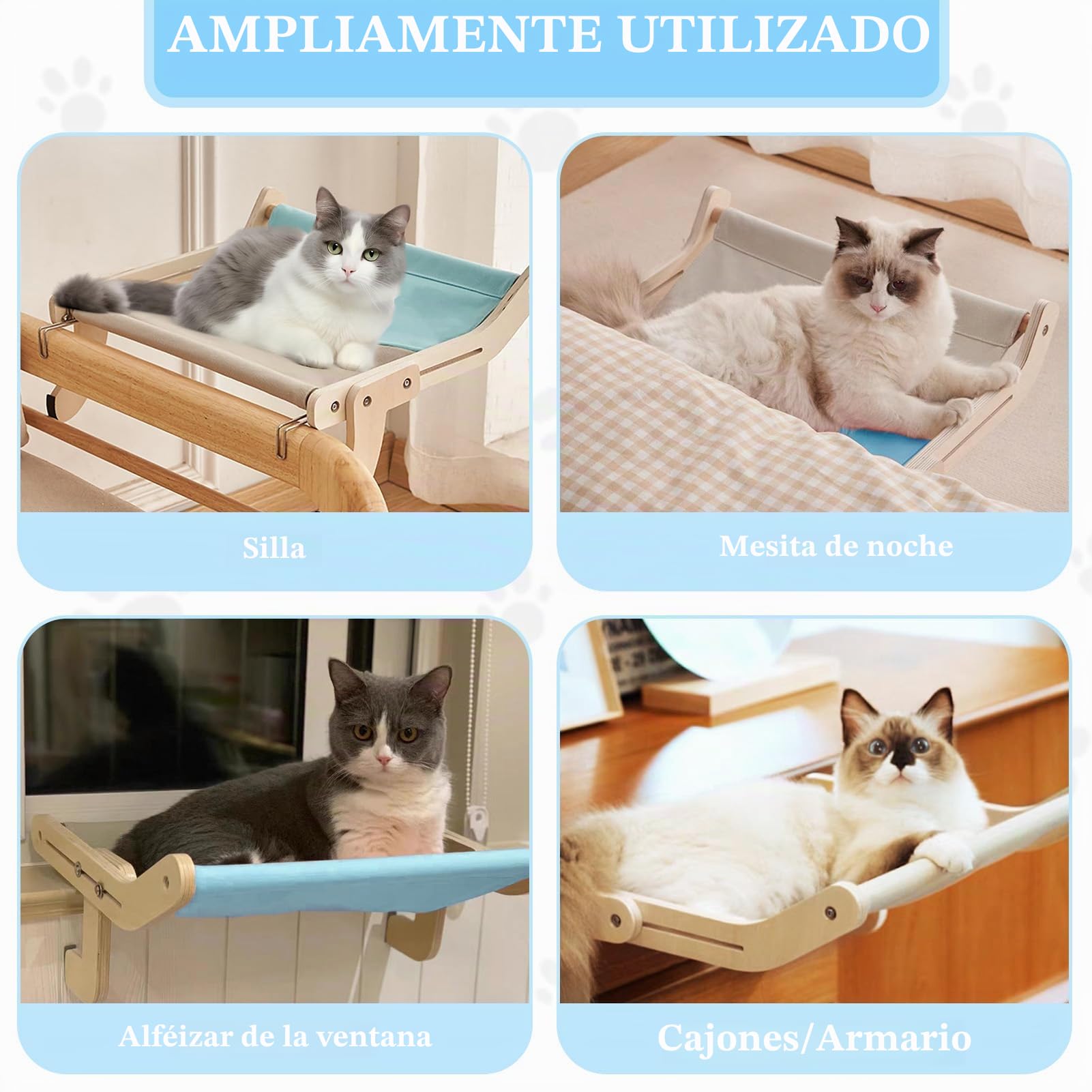 Hamaca Ajustable para Gatos en Ventana, Con Rama de Escalada y Cama Colgante, Gris y Azul (44,5 x 36 x 16 cm)