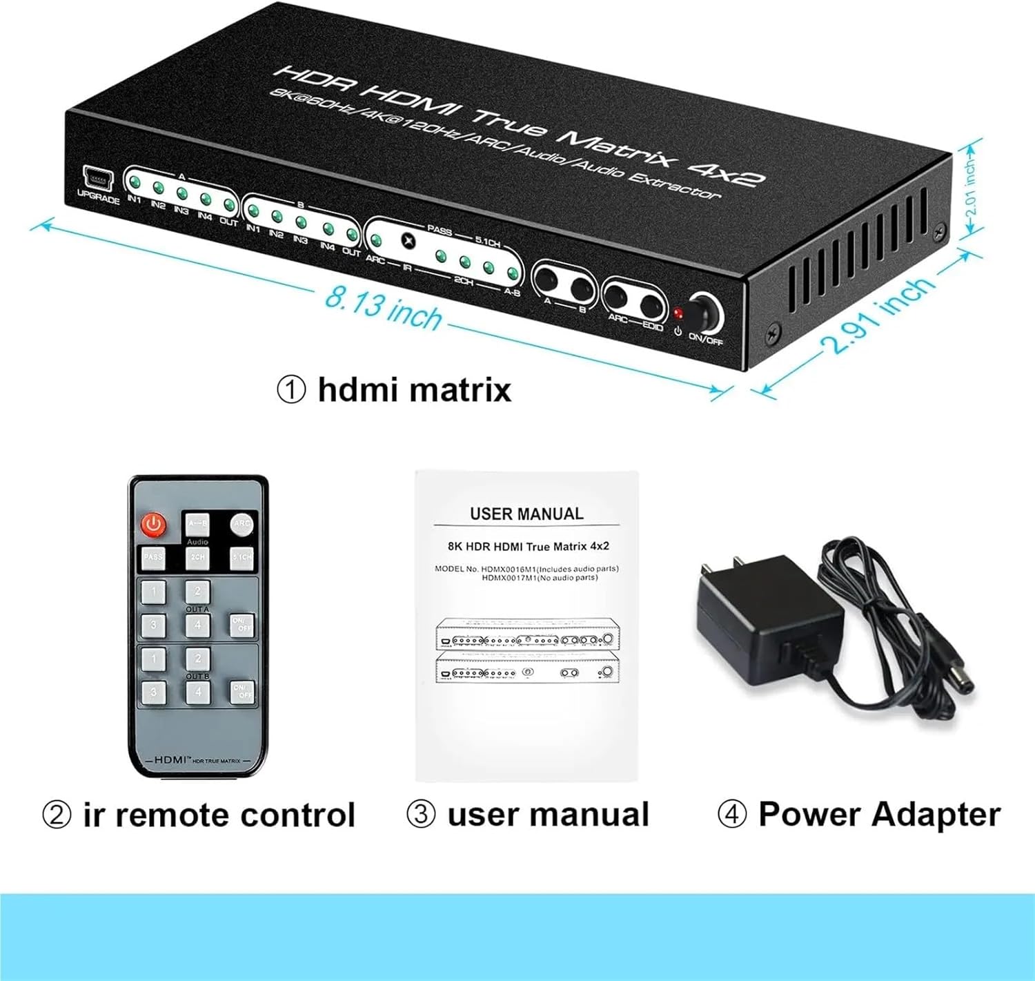 HDMI2.1 8K HDR HDMI True Matrix Switch 4x2 Supports 4k 120hz Dolby Vision with Optical L R Audio Extractor ARC for Computer(with US Plug)
