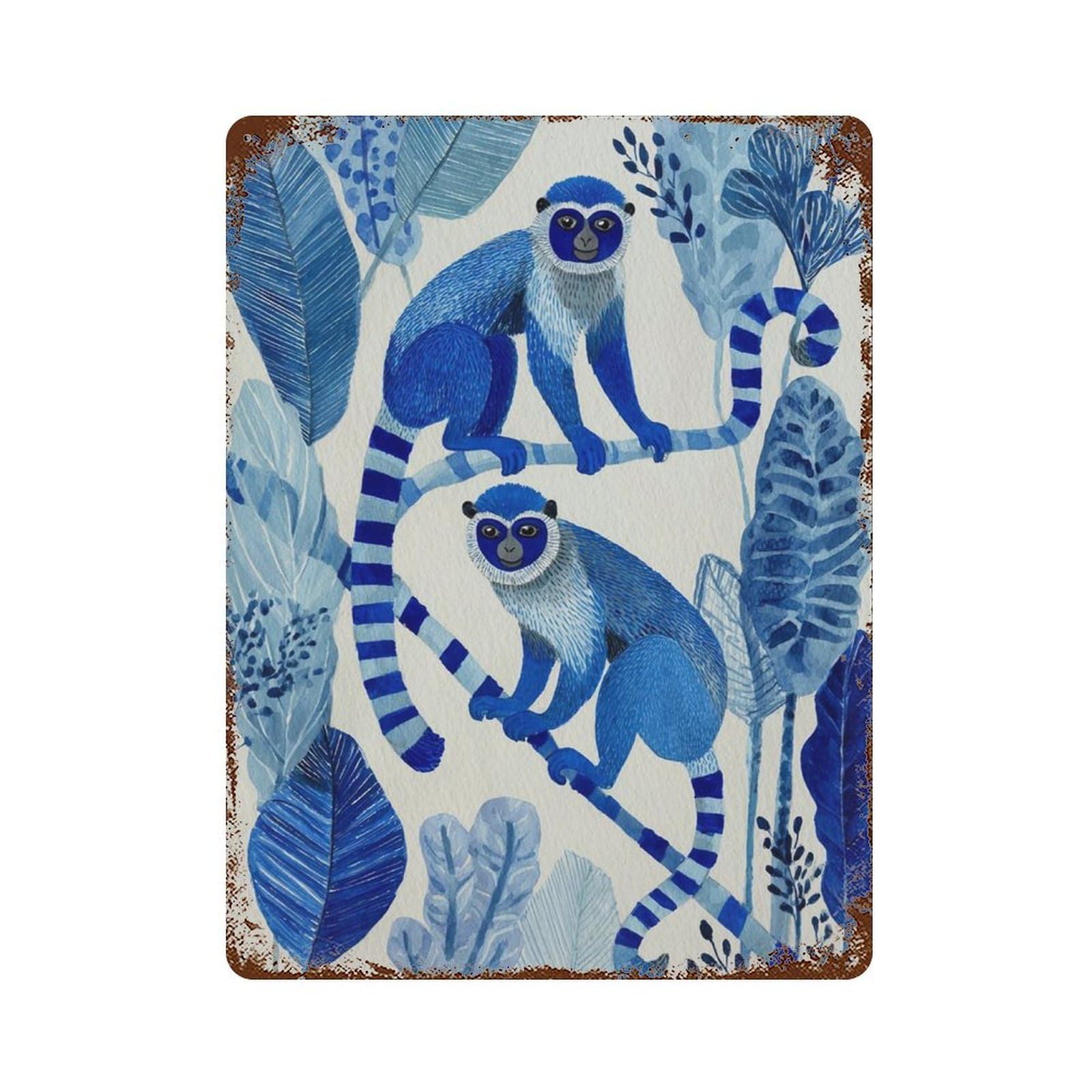 xiaoxiaoshen Blue Monkey Jungle Watercolor Tropical Botanical Nursery Wall Decor Art Metal Tin Poster Modern Home Decor Art Home Bar Shop Decorations Vintage Sign 40x30cm