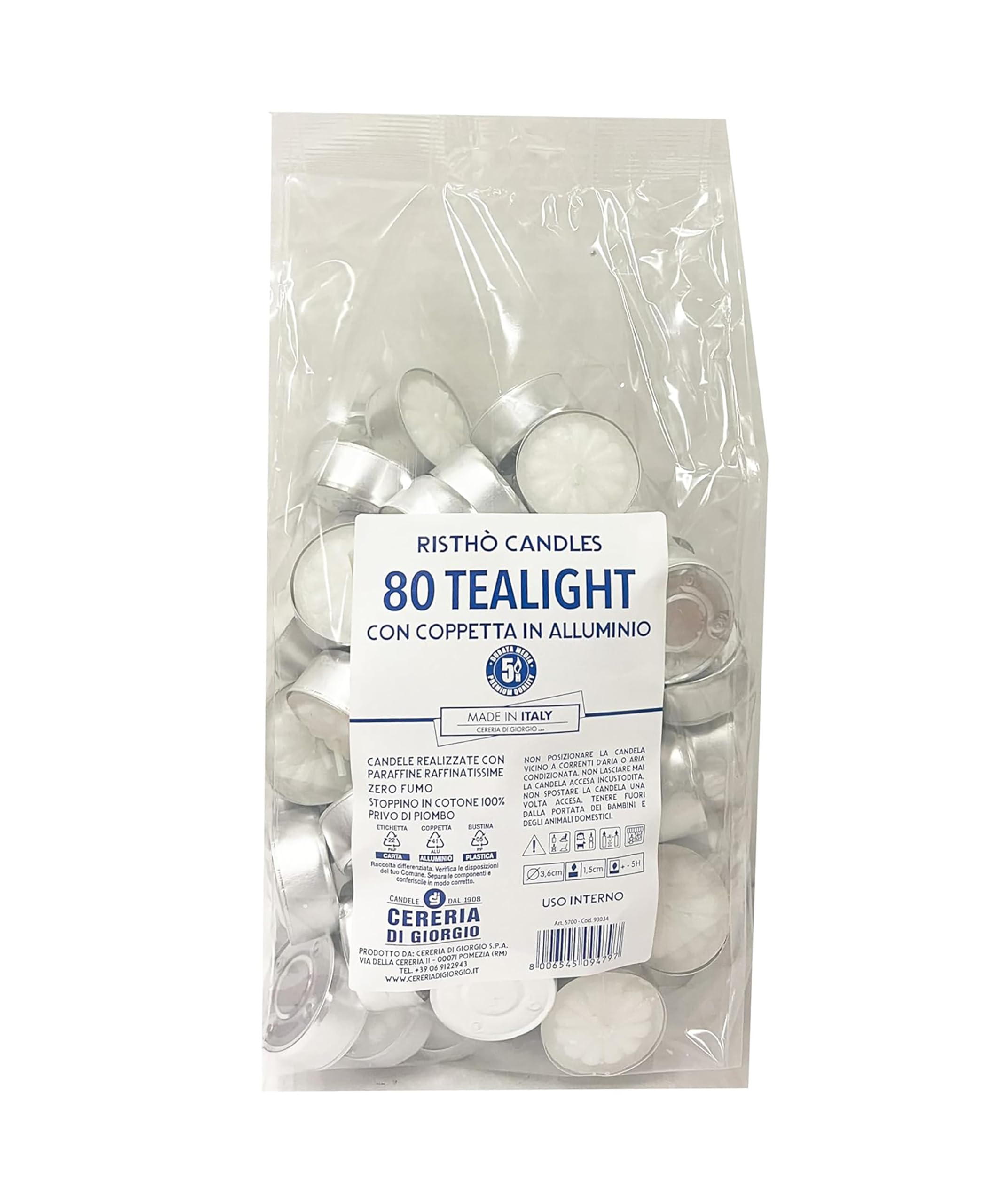 Cereria Di Giorgio - 80 Candele Tealight - Diametro 3,6 cm Altezza 1,7 cm - Colore Bianco Cloud - Durata 5 ore - Non profumate
