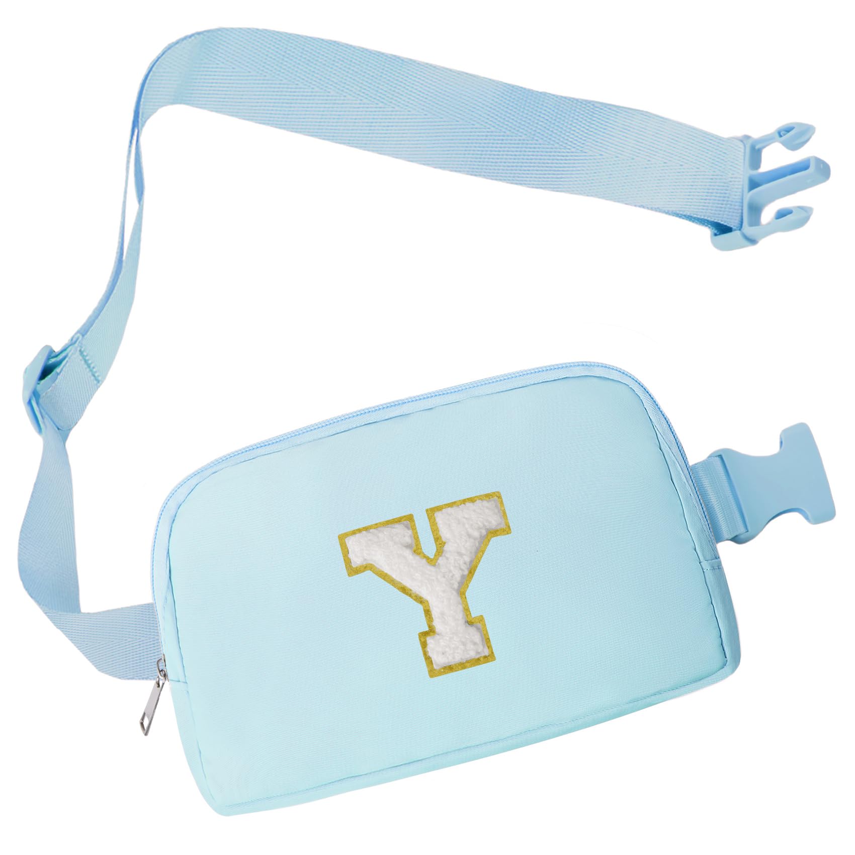 COSHAYSOO Blue Initial Belt Bag Waist Fanny Pack Small Crossbody Bum Pouch Hip Purse Cross Body Chest Pack with Monogrammed Letter Patch for Women Teen Girl Preppy Cute Travel Stuff Organizer (Y)