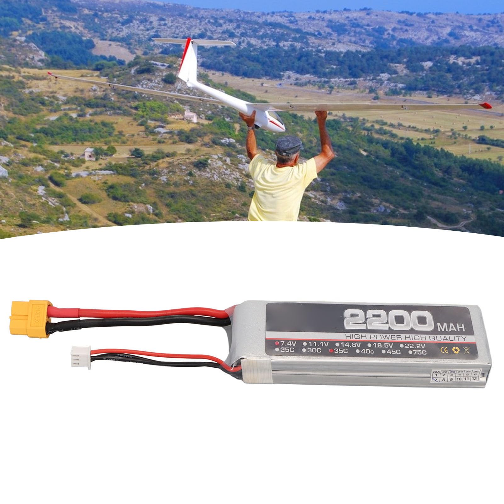 1 Pc RC Airplane Battery, LiPo Battery, 7.4V 2S 2200mAh 35C RC Airplane High Rate Lithium Battery with XH Balance Head for Replacement (XT60 Plug)