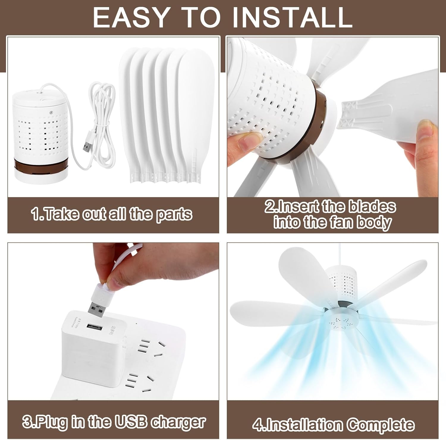 小型ポータブルUSB電源シーリングファン ミニサイレント6枚羽根キャンプハンギングファン USBプラグイン、キャンプ/寝室/オフィス