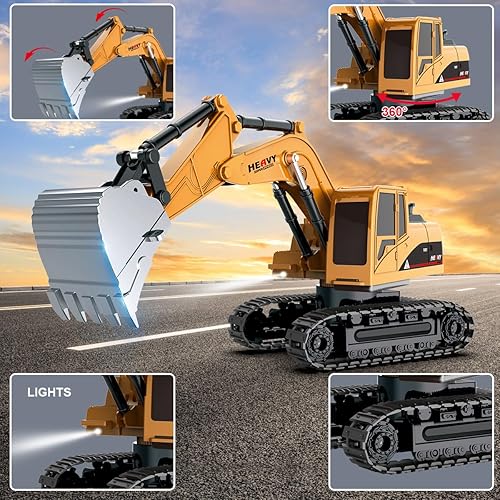 Miniatura 3 de Juego de juguetes de excavadora y camión volquete a control remoto  Excavadora RC y camión volquete con luces y sonidos  Coche excavador recargable,