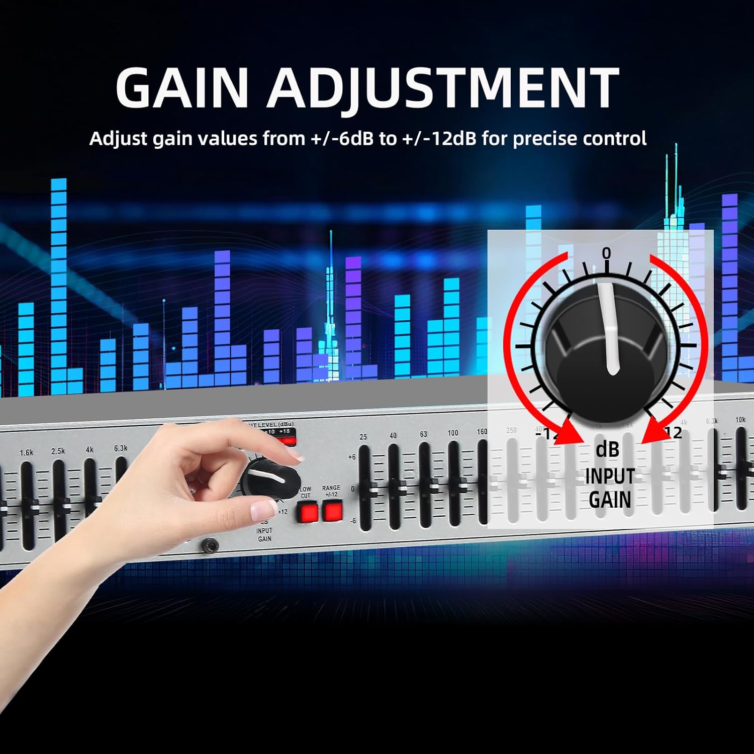 Close-up of the input gain knob on the MIZISNR EQ-215S, showing the adjustment range for precise control.