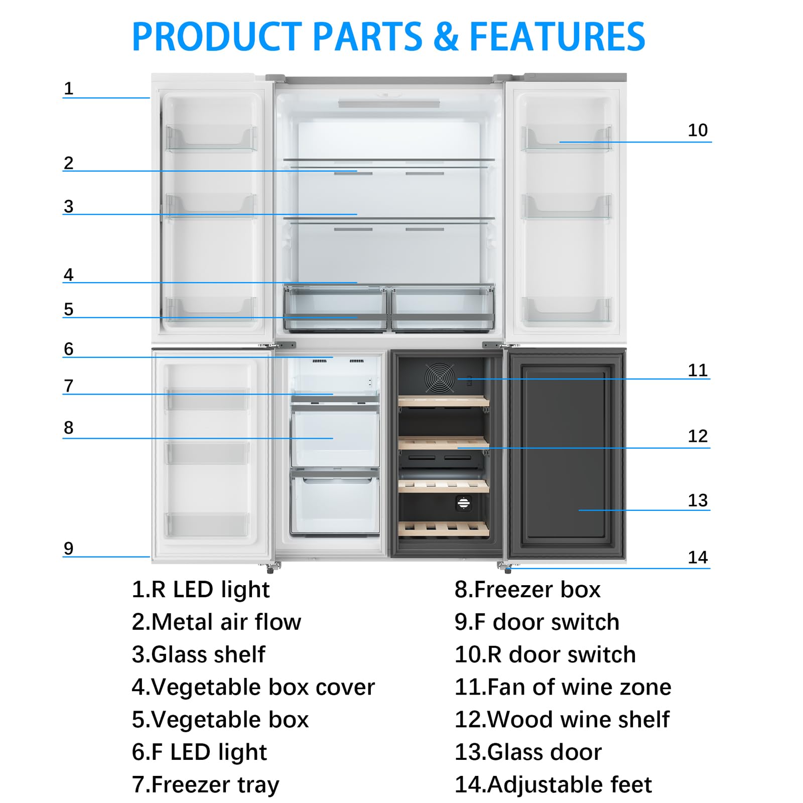 French Door Refrigerator, 36 Inch Counter Depth Stainless Steel Refrigerator, 21 Cu.Ft. 4 Door Fridge Bottom Freezer With Wine Cabinet, Adjustable Shelves on Fridge.com - View 5