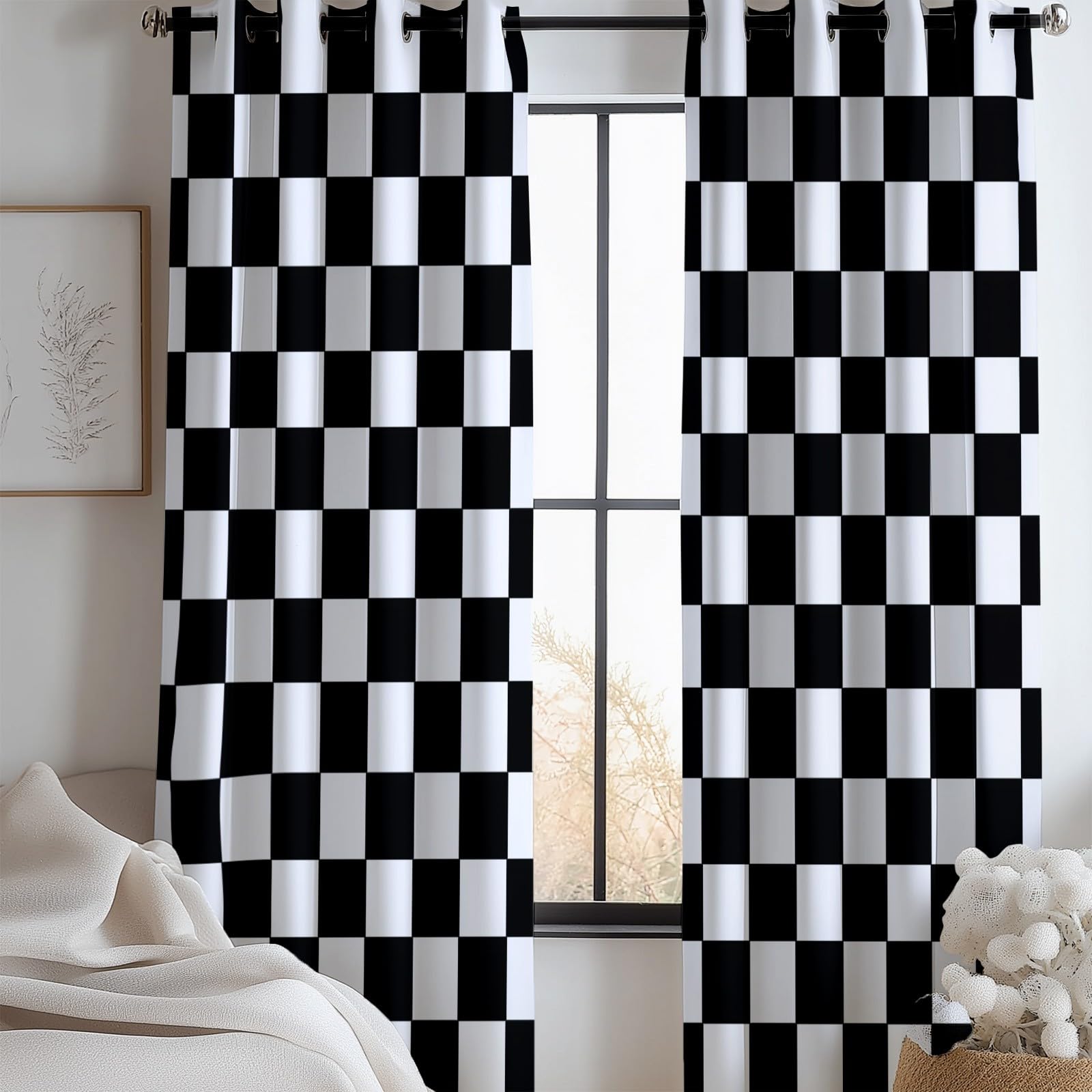 Rideau Occultant Thermiques Damier Noir Et Blanc Rétro Minimaliste - Lot De 2 Rideaux Noir Et Blanc pour Salon Chambre Fenetre Cuisine, Rideaux Et Draperies Intérieurs À Oeillets, 140 X 260 Cm (Lxh)