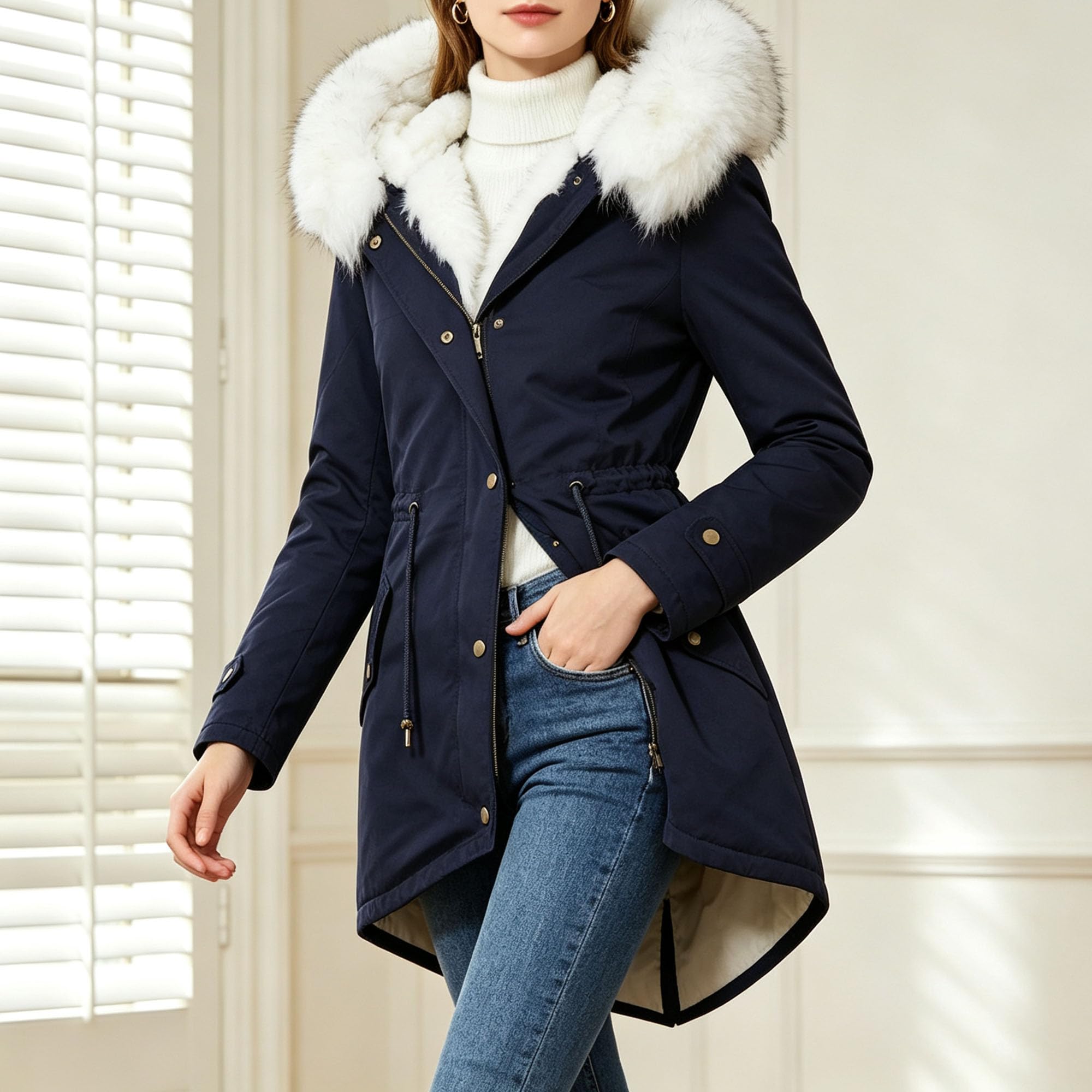 Parka invernale da donna con cappuccio in pelliccia sintetica foderata in
