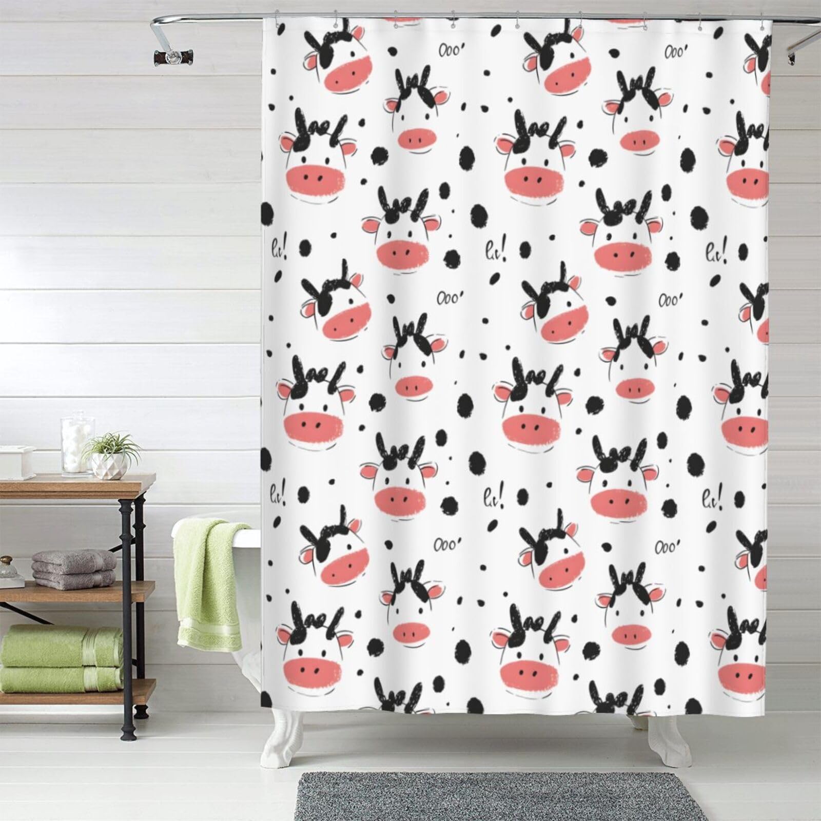 Rideau de douche en tissu vache mignonne pour salle de bain opaque 152x183 cm avec crochets inclus