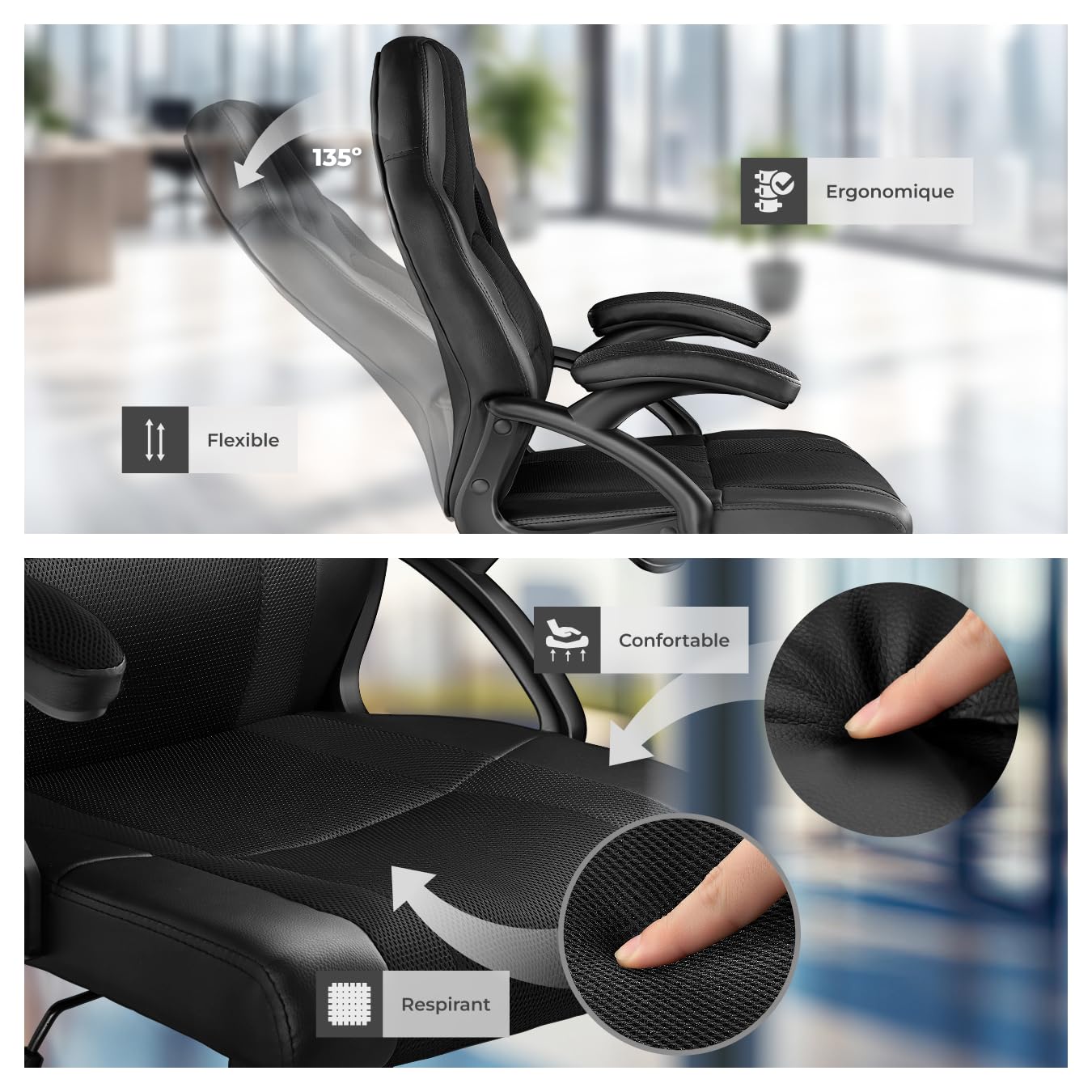 tectake® Chaise Gaming Chaise de Bureau Fauteuil de Bureau Siège Gaming Fauteuil pivotant Design à 360°, Chaise Ergonomique, Fauteuil avec Accoudoirs, Roulette, Hauteur réglable, Teletravail