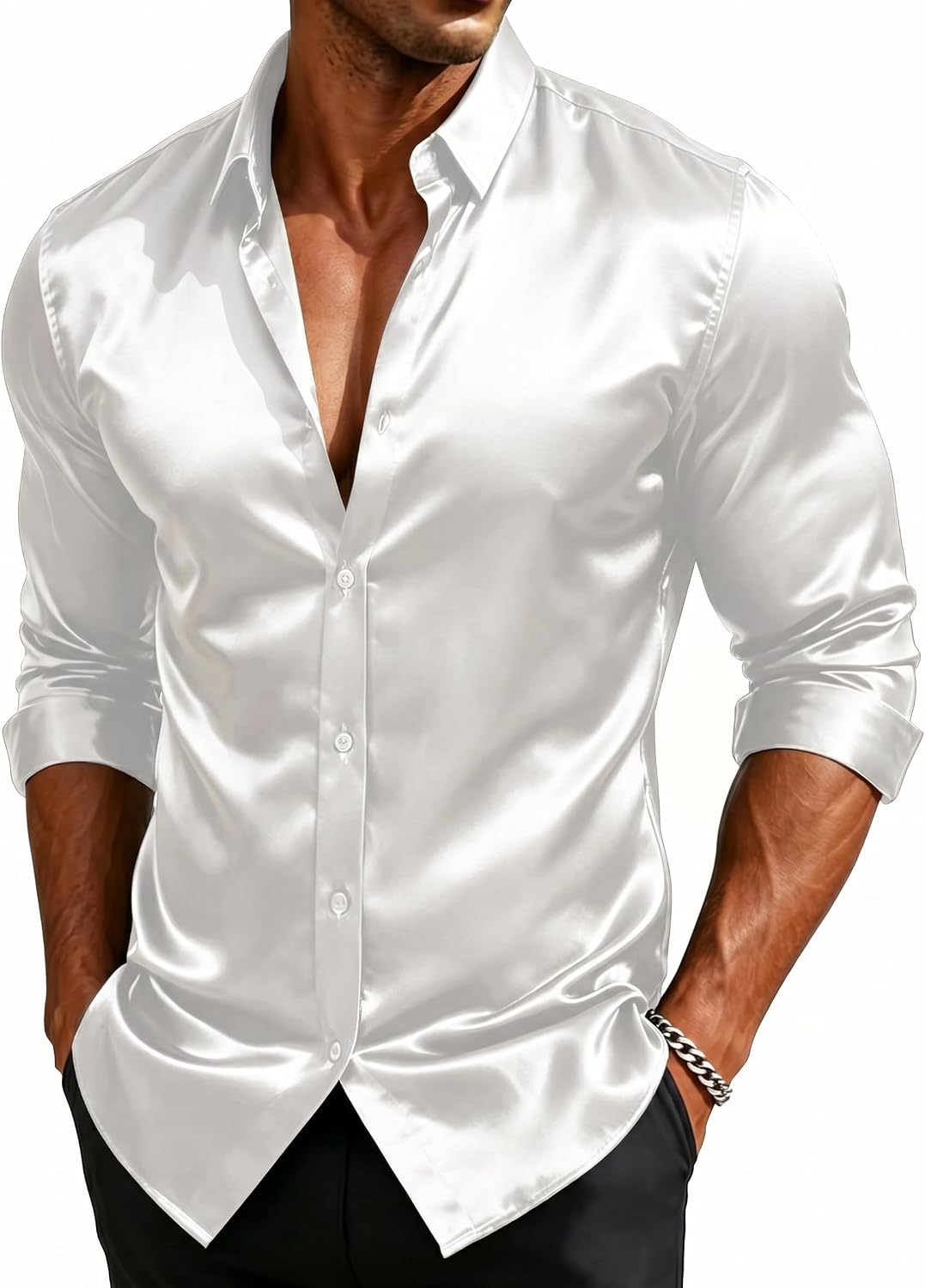 YourTies Mens Silk Dress Shirt Satin Shiny Long Sleeve Button Down Shirts Soild Color 70s Disco Party Prom Formal Wedding