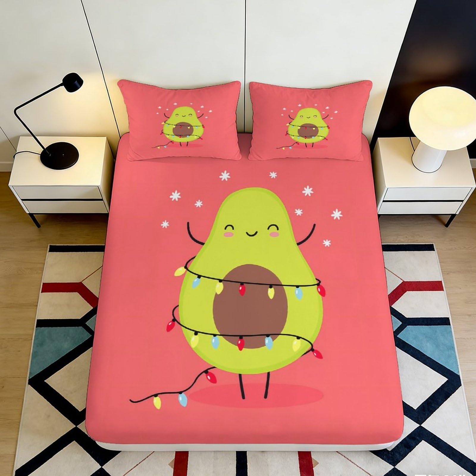 3D Printed Avocado Cartoon Fitted Sheet Microfiber Anti-Slip Cute Lights Mattress Cover for Bedroom Dorm Decor Pink 160x200x25cm