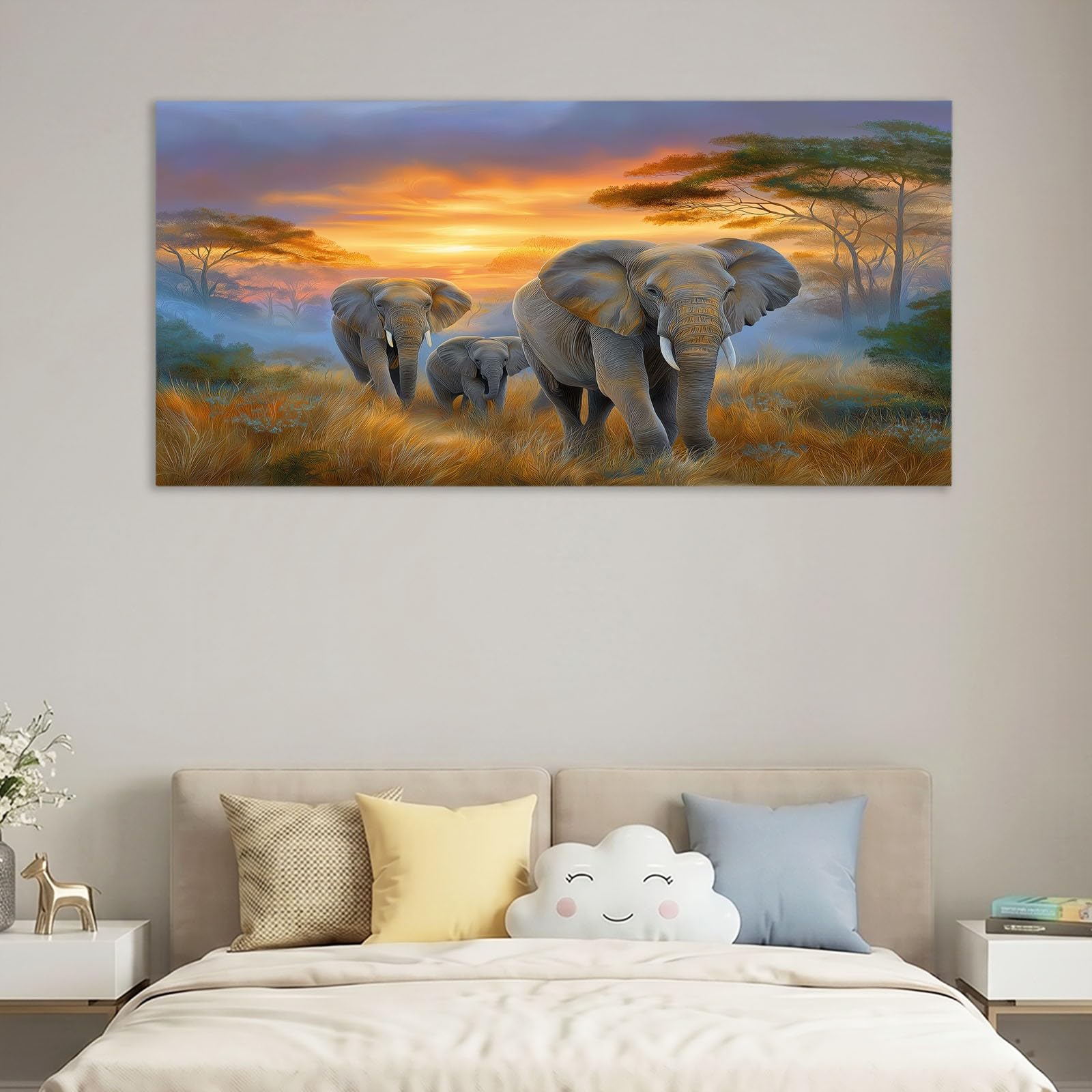 Obraz ścienny zwierzęta, obraz na płótnie - ściana na płótnie 100 x 70 cm, wydruk na płótnie ze słoniem, zachód słońca, akacja, oprawiona sztuka ścienna do salonu i sypialni, dekoracja ścienna