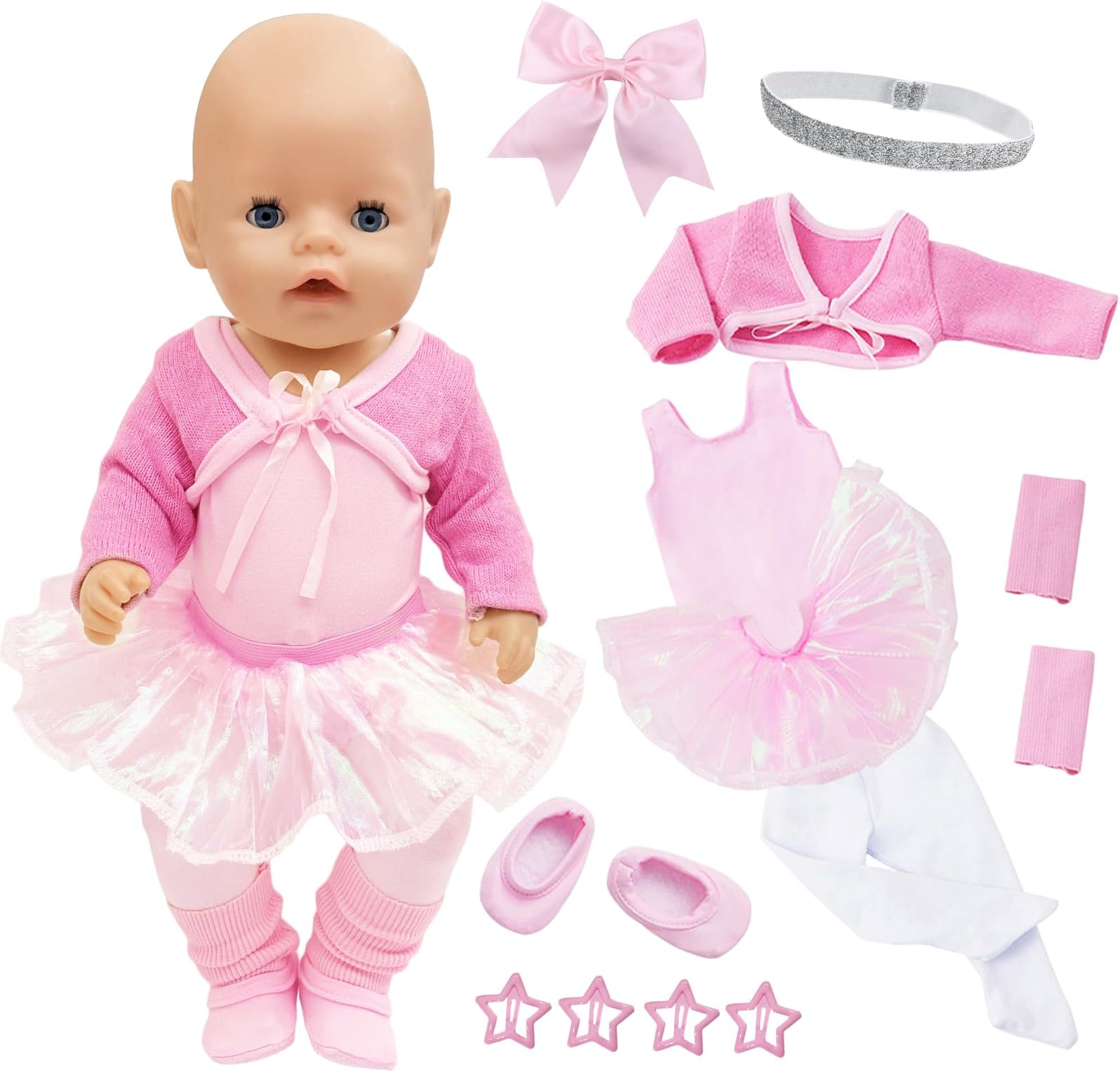Pink Ballet Baby Doll Clothes for 12-18 Inch Baby Dolls, Pack of 12 Doll Clothes, 35-43 cm Outfit with Jacket, Tulle Dress, Tights, Shoes, Hairband, Hair Clip for Doll Clothing, Accessories, Gift