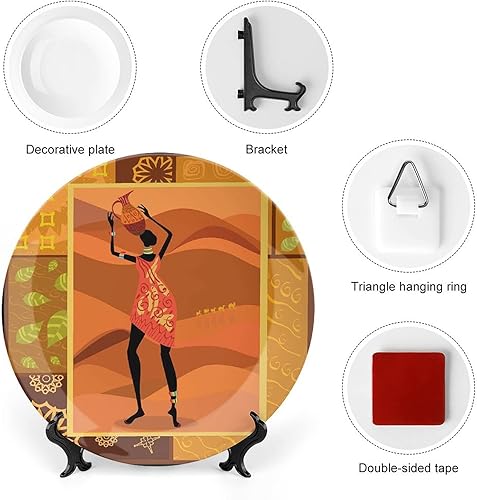 Miniatura 3 de LIGUTARS Platos decorativos, adorno con estampado de mujer africana, marco con jarrón tribal de otoño natural, 10 pulgadas, 1 placa con 1 soporte de