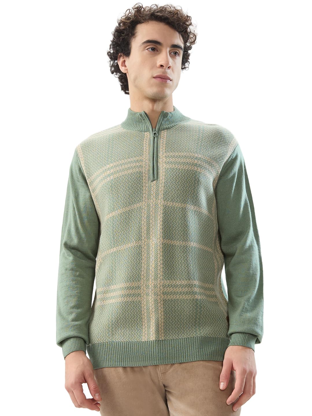 Men Regular Fit Checks Pattern Acrylic Wool Blend Stand Collar Full Sleeve Casual Sweater-image-41