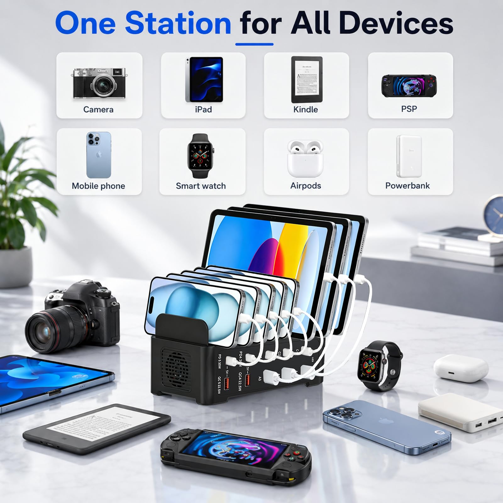 Stazione di Carica USB C, Stazione di Ricarica Rapida a 10 Porte 120W con 5 USB C e 5 USB A, Caricatore Multiplo Smartphone con Ventola di Raffreddamento, Caricabatteria per Telefoni, Tablet e Altri