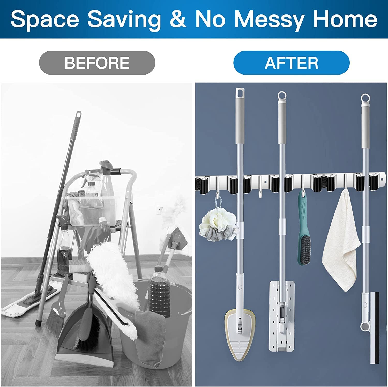 Kepzell Broom Mop Holder Wall Mount Stainless Steel Tool Hanger Storage Organizer For Home, Kitchen, Garage, Garden, Laundry Room, Bathroom and Closet Shelves (5 Racks 4 Hooks,1Pcs) 1