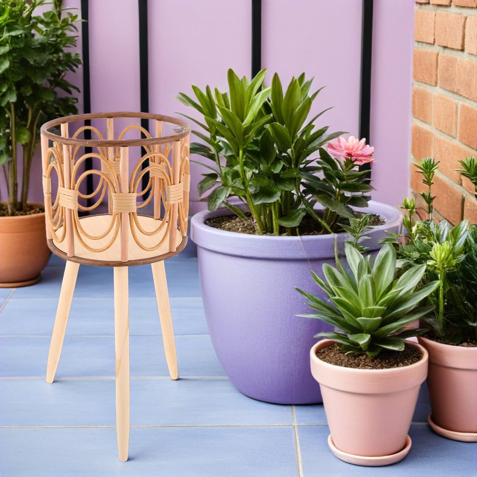 Gatuida Support Tressé pour Pot de Fleurs en Bois Naturel sur Pied, Panier Porte-Plantes Ajouré 25 Cm de Diamètre X 53 Cm de Hauteur, Support Stable pour Plantes D’intérieur et Balcon,