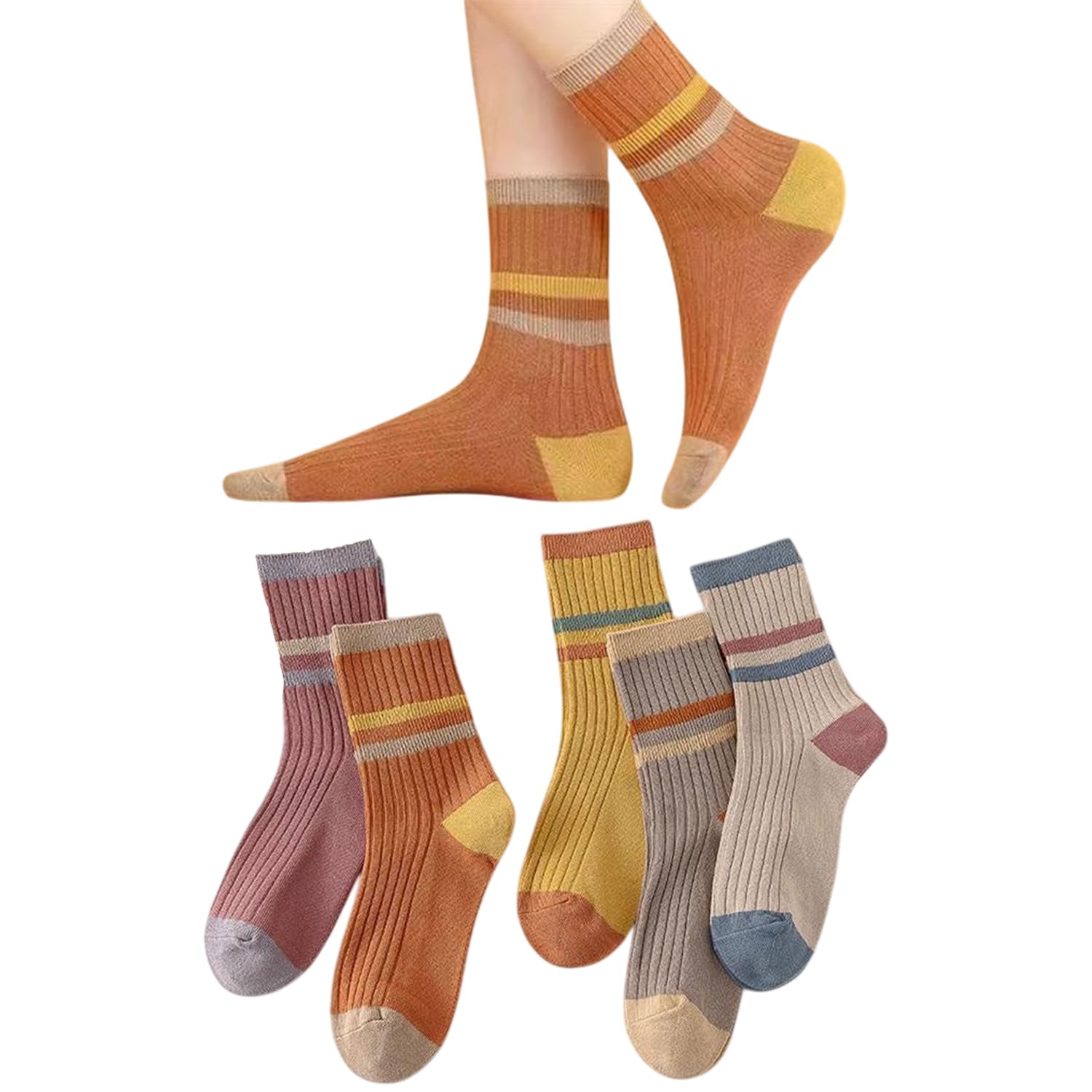 Unisex Colorblock Ribbed Crew Socks Cotton Blend Striped Casual Socks 5 Pair (Multicolor)-image-20