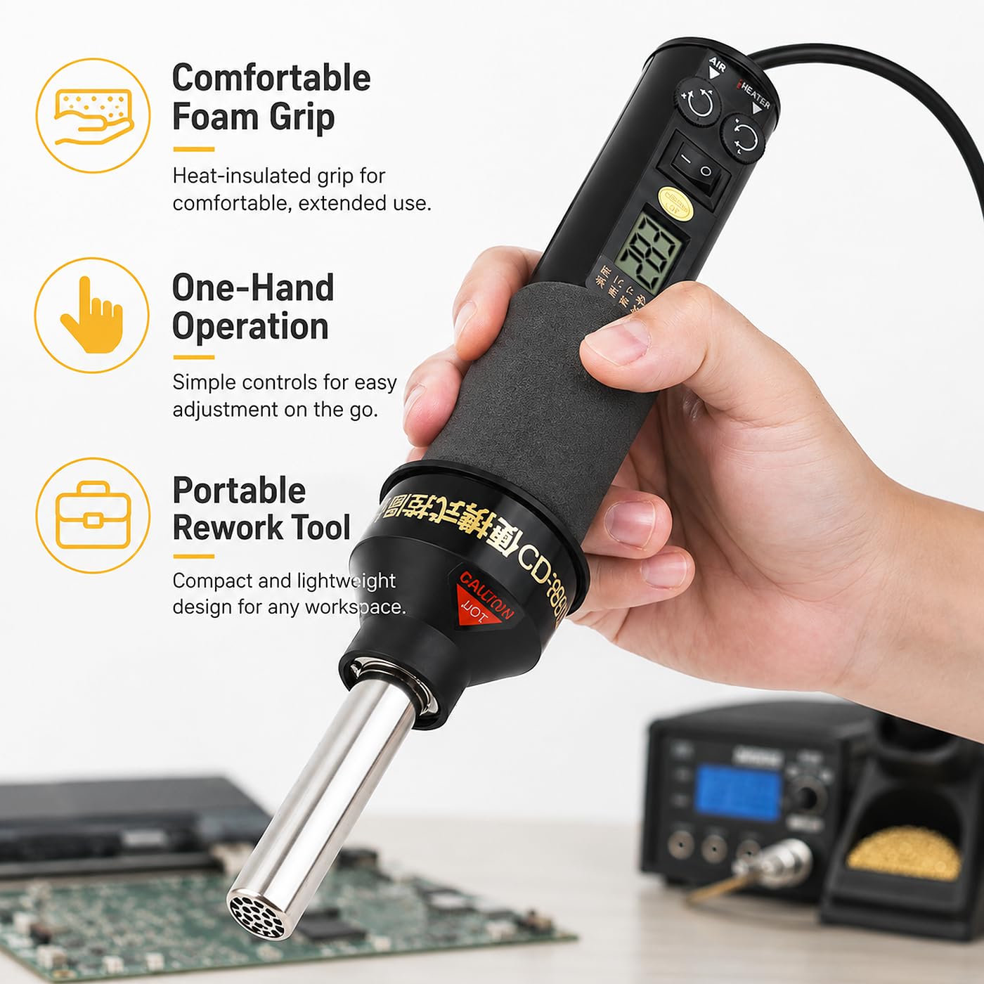 Pistola de Aire Caliente Portátil 450W, Temperatura + Flujo de Aire Ajustable Con Pantalla Digital de Soldadura Desoldadora Soplador de Aire Caliente, para Soldadura Heat Ic Smd Bga, Tubo Retráctil
